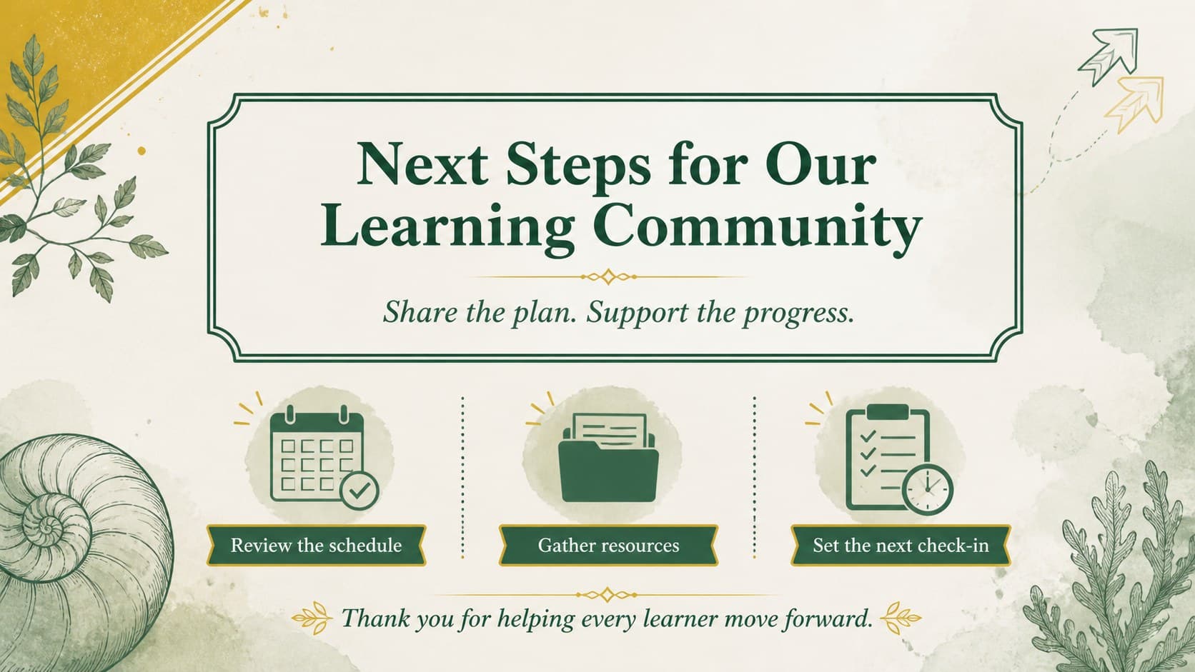 School program overview closing slide with resource reminders and a bright green-and-yellow action layout.