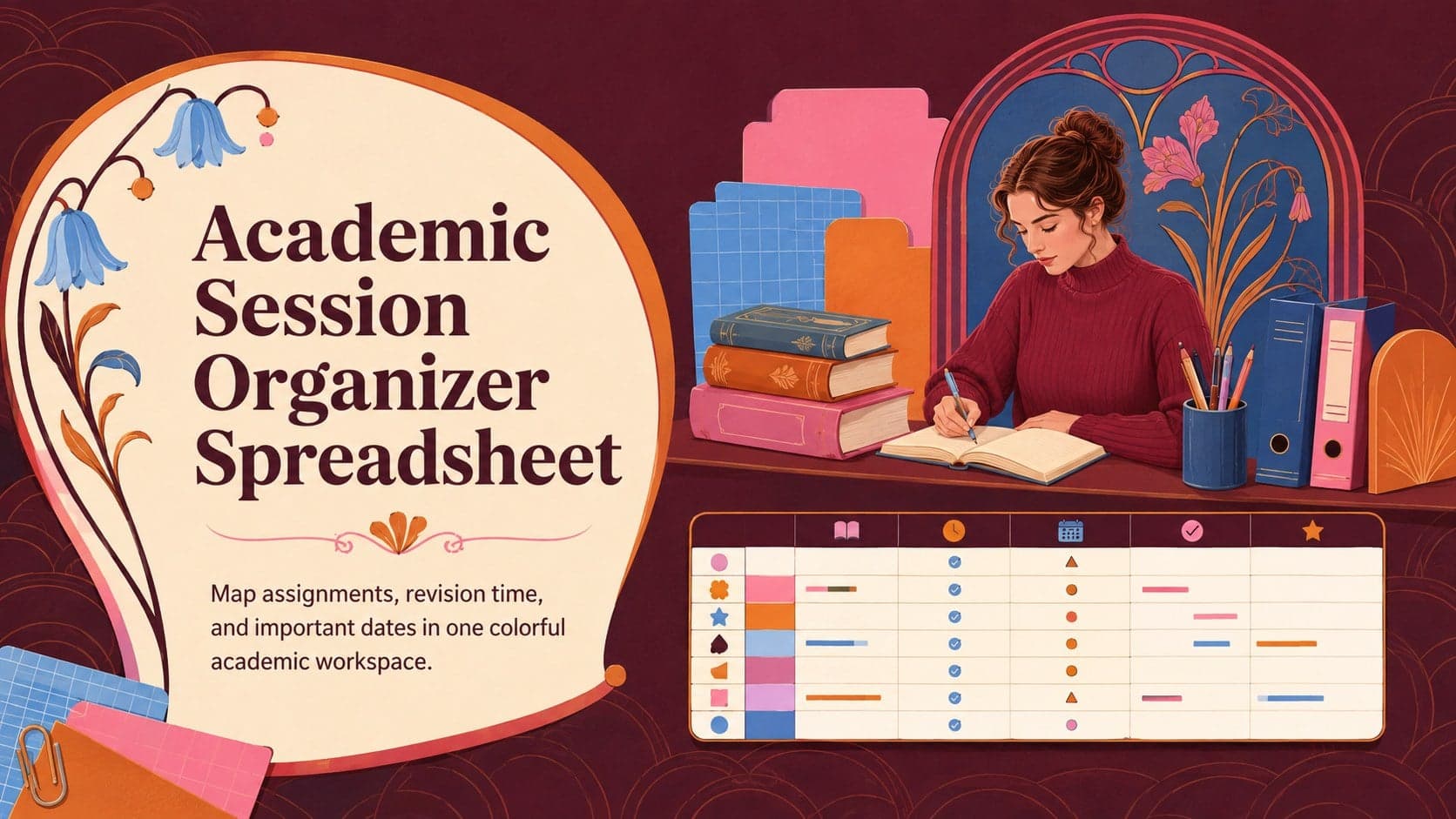 Cover for an academic session organizer spreadsheet with colorful Art Nouveau decorations and a structured student planning theme.