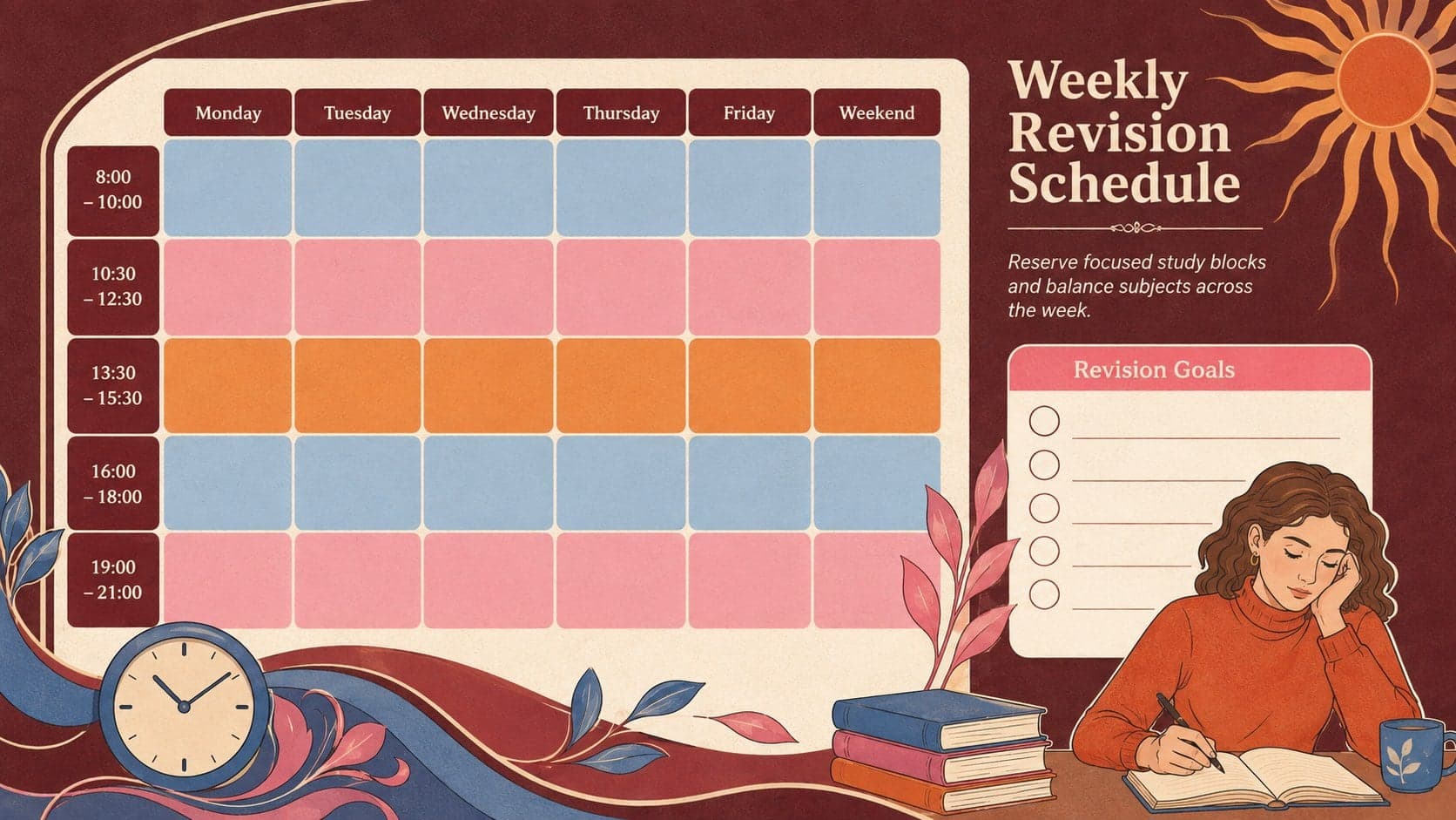 Weekly exam revision schedule template with time blocks, subject colors, and focused study priorities.