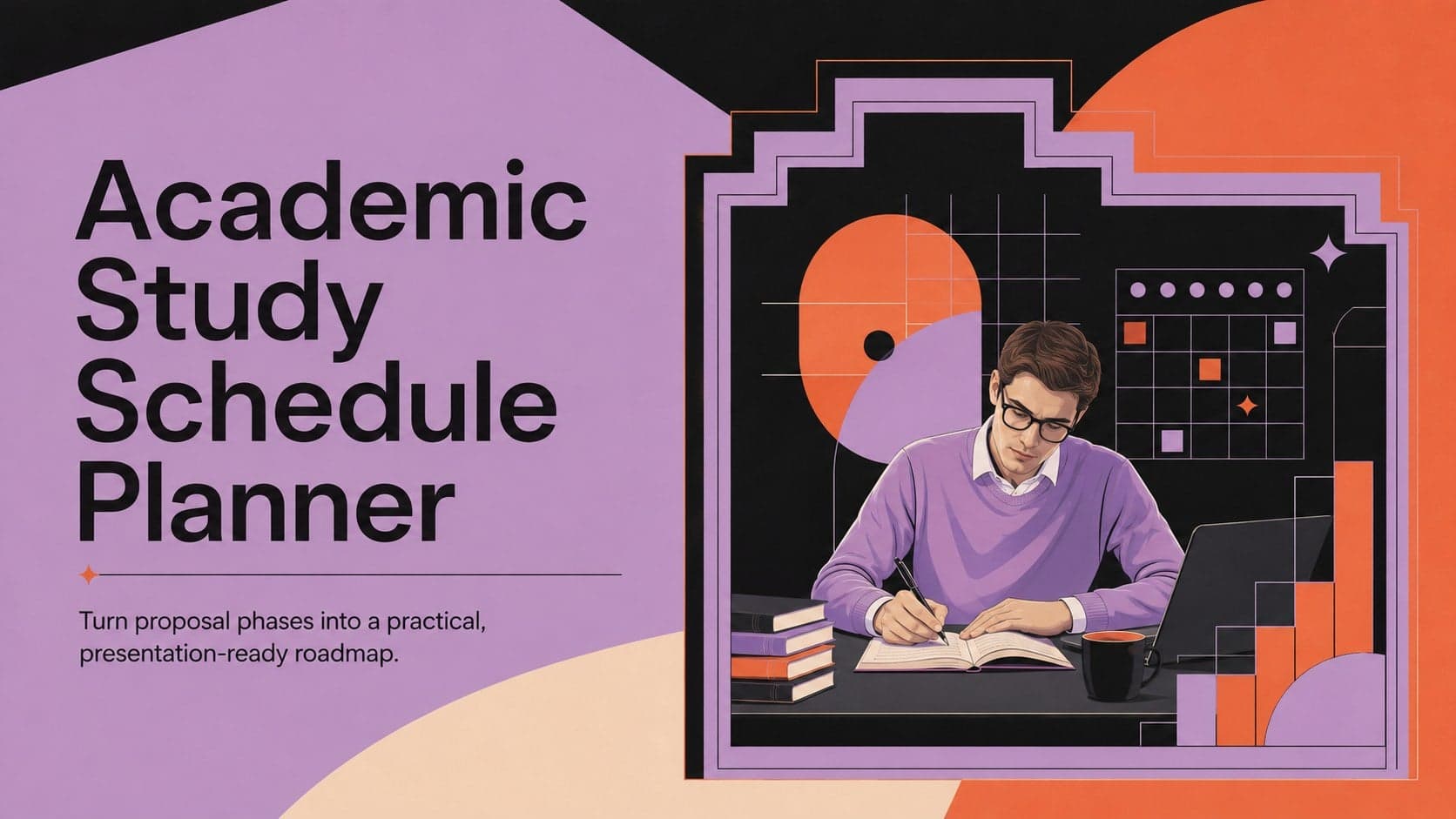 Purple, orange, and black Art Deco cover for an academic study schedule planner.