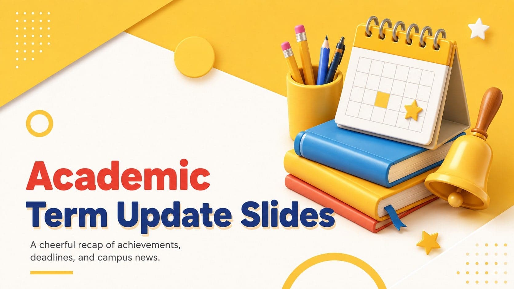 Cover for Academic Term Update Slides with cheerful yellow 3D school graphics and a bold presentation title.