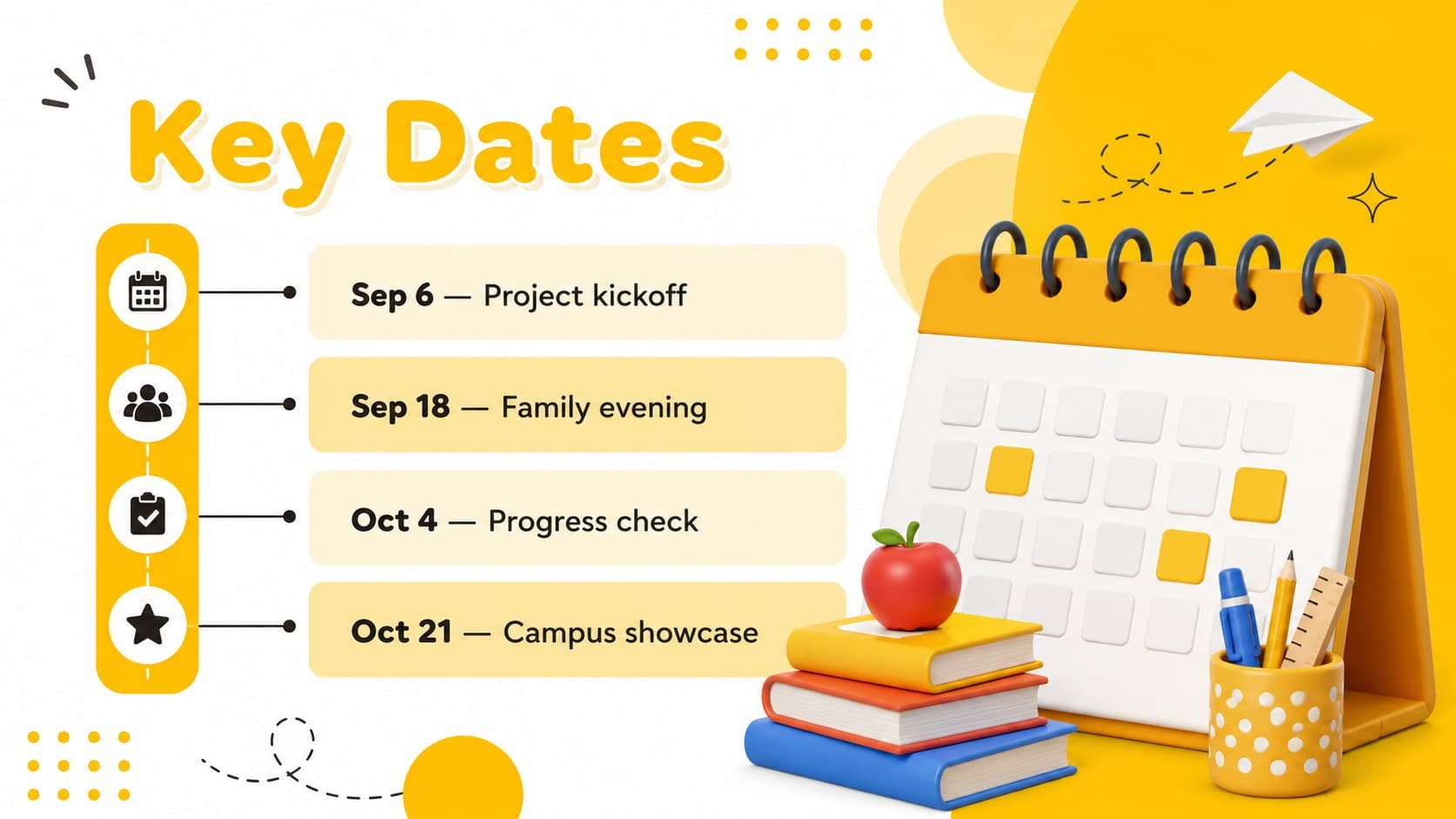 Yellow school newsletter layout presenting important academic dates and campus events.