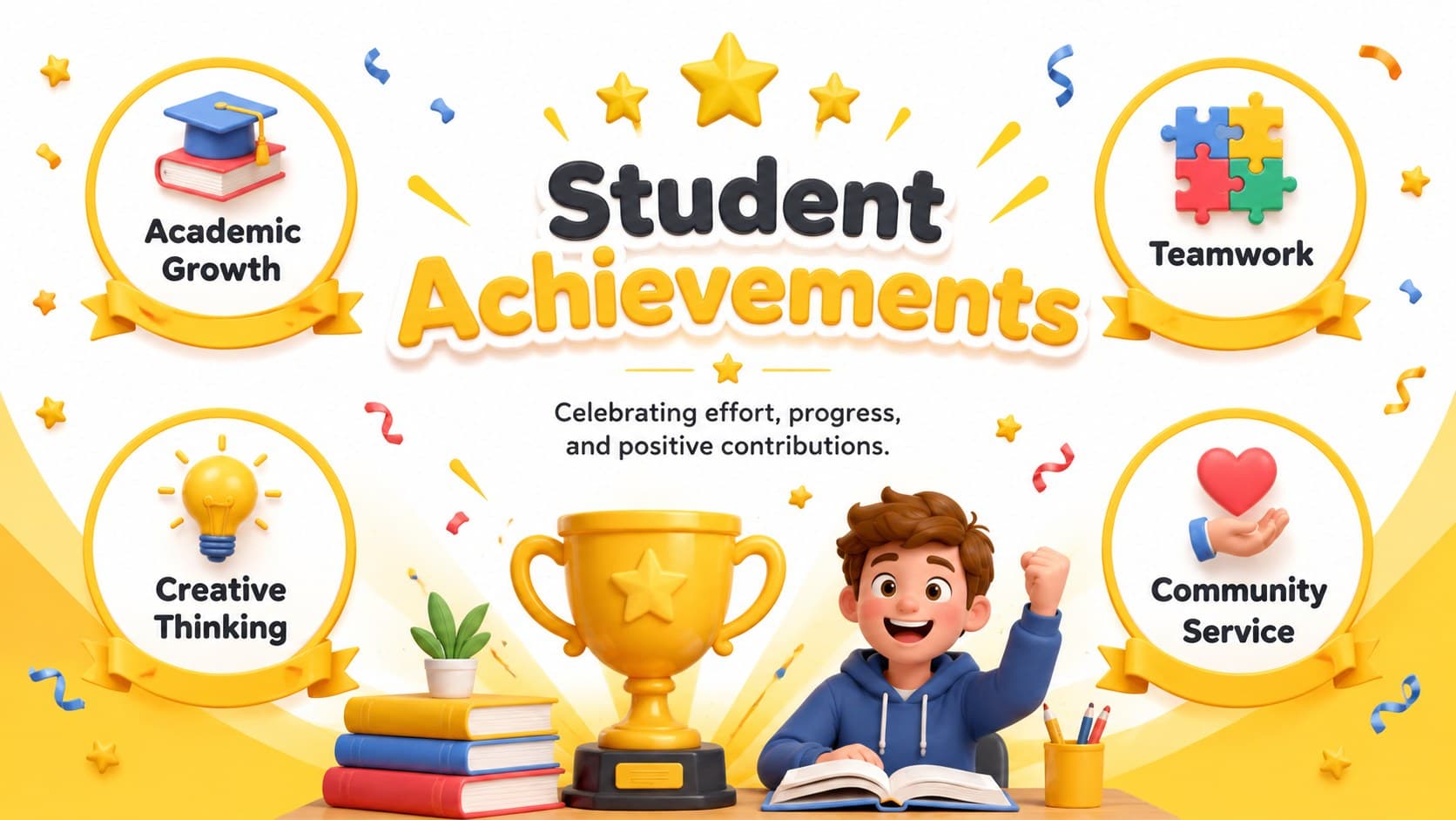 Student achievement newsletter slide celebrating academic growth, teamwork, creativity, and service.