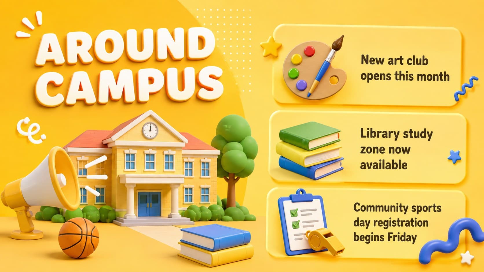 Campus announcements slide deck layout featuring clubs, facilities, and community activities.