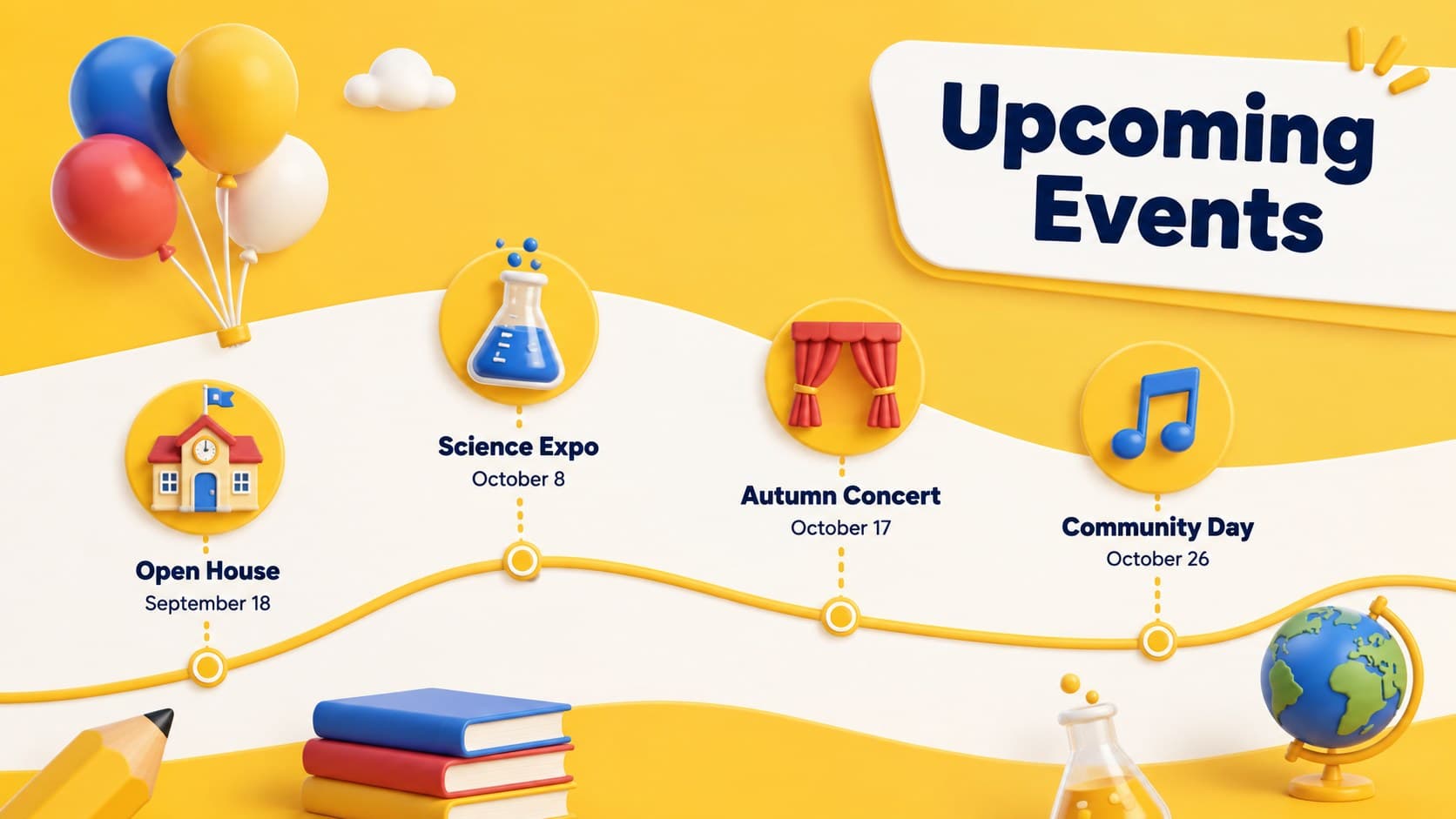 Bright yellow education update slide listing upcoming school events in a clear calendar layout.