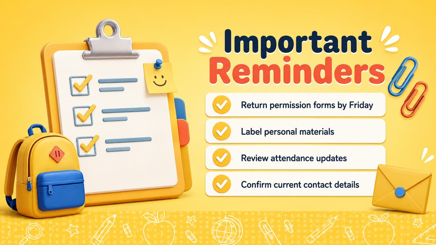 Classroom family update slide with concise reminders about forms, materials, attendance, and contact details.