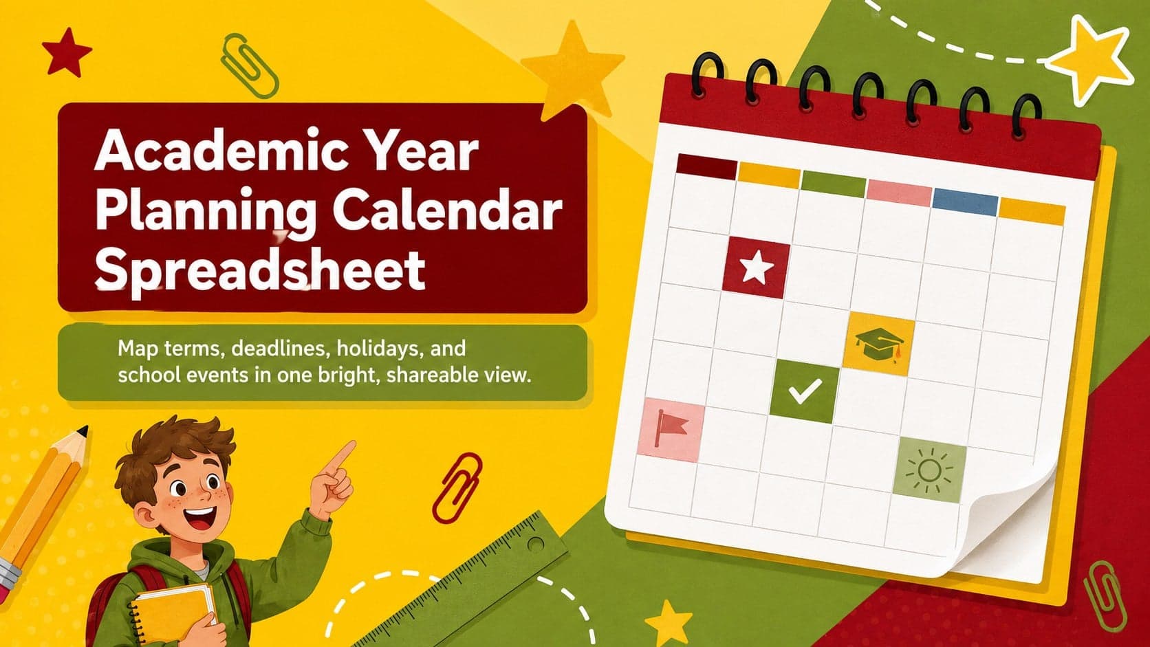 Colorful cover for an academic year planning calendar spreadsheet with school-themed stationery and calendar graphics.