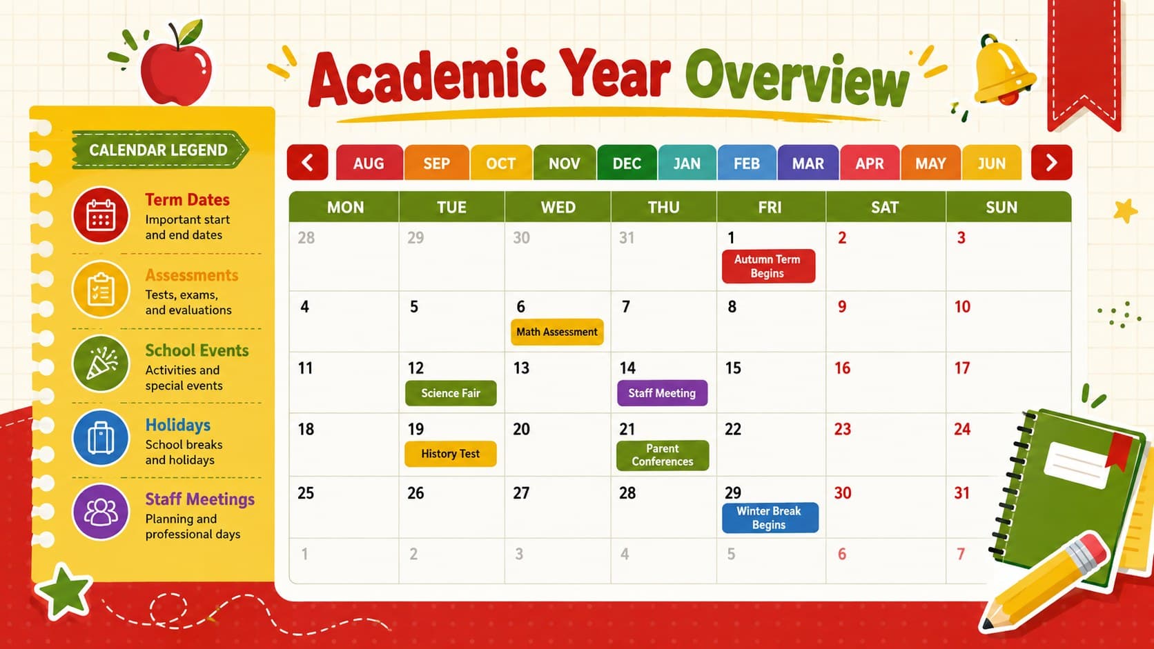 Editable teacher calendar spreadsheet showing color-coded months, term dates, holidays, and school events.