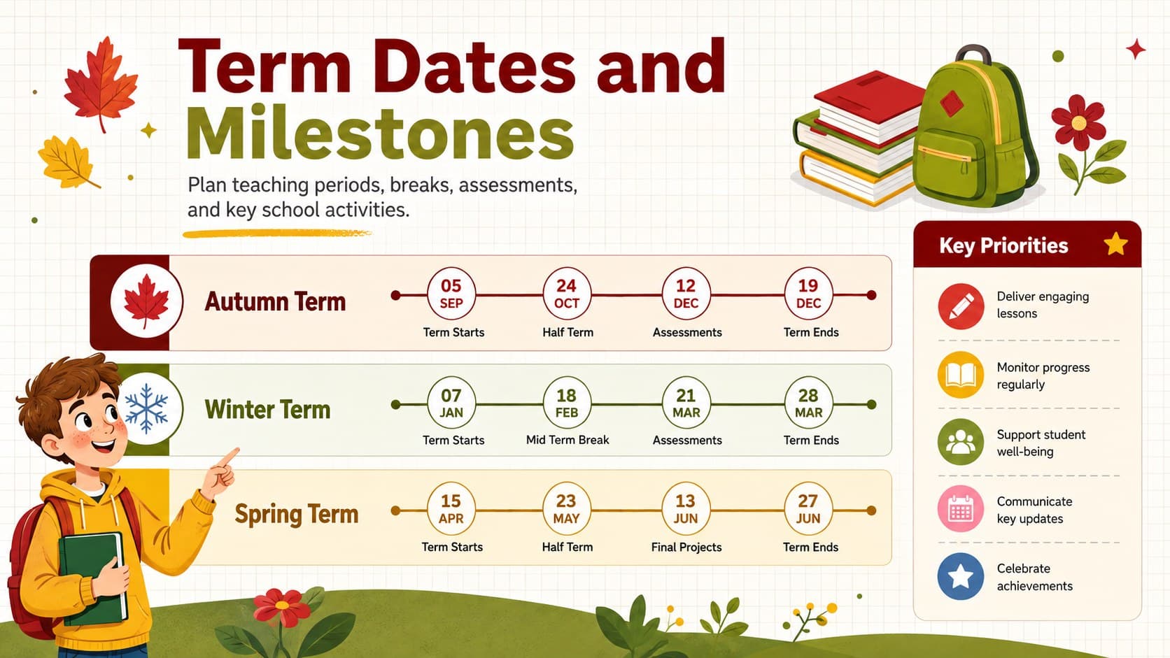 School term dates planner with three color-coded term sections, milestone dates, and teaching priorities.