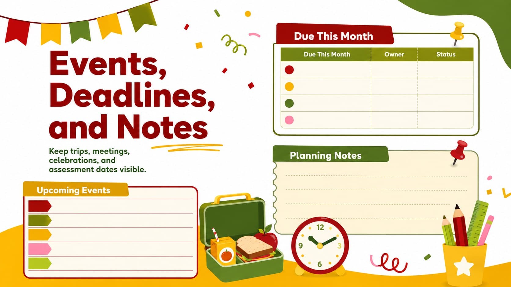 Classroom events calendar template featuring weekly priorities, event categories, deadlines, and planning notes.