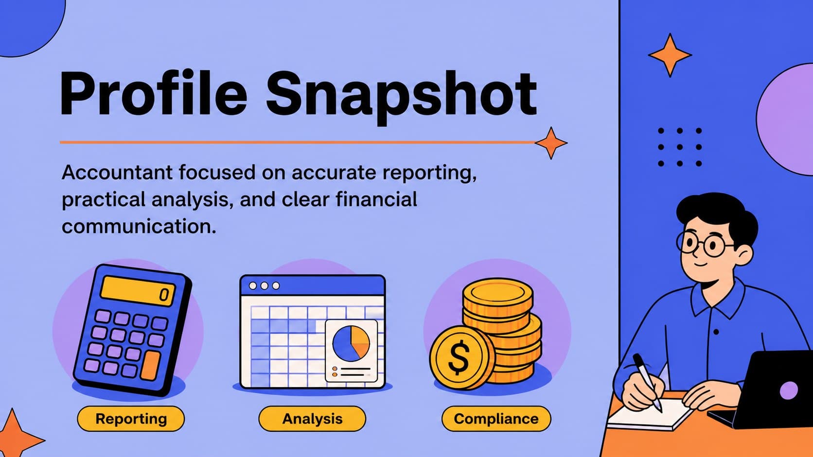 Accounting profile introduction slide showing a professional summary, role focus, and illustrated finance details.
