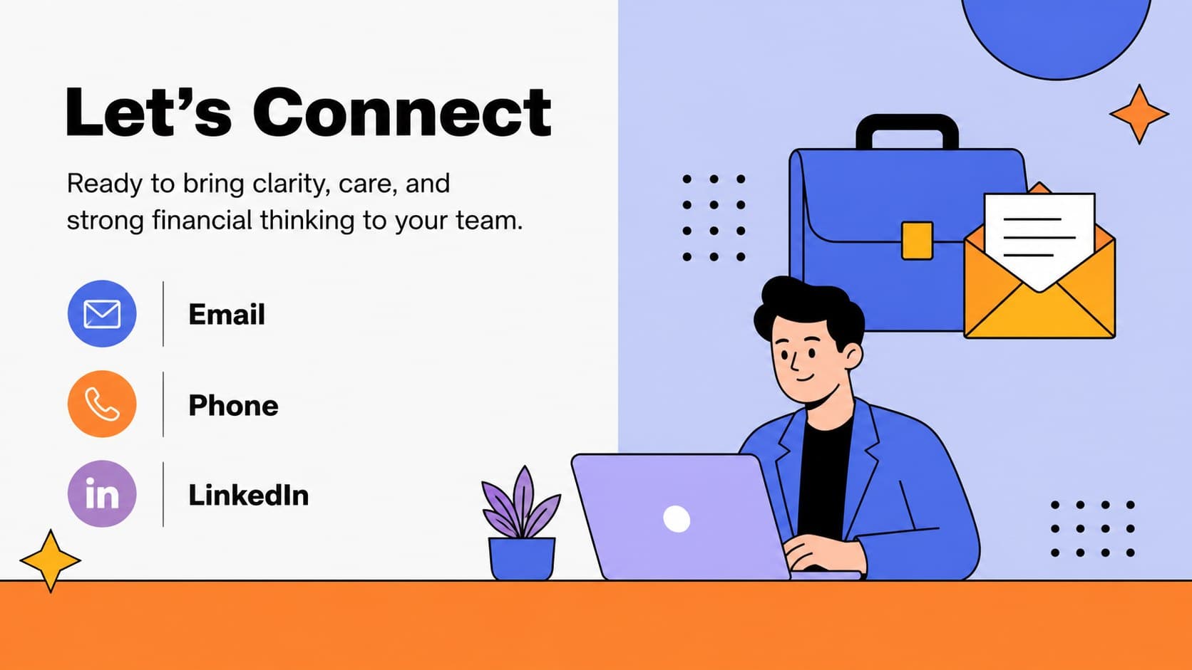 Accounting interview presentation slide with contact details and a concise professional closing statement.