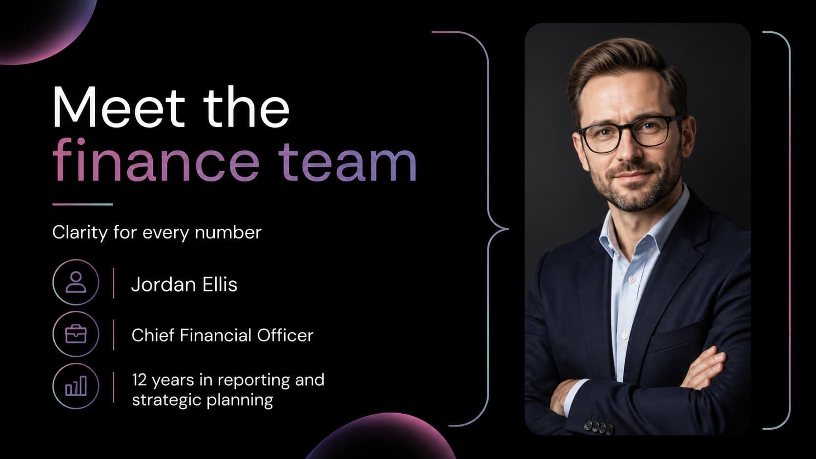 Speaker introduction slide for an accountant presenting at a finance conference.