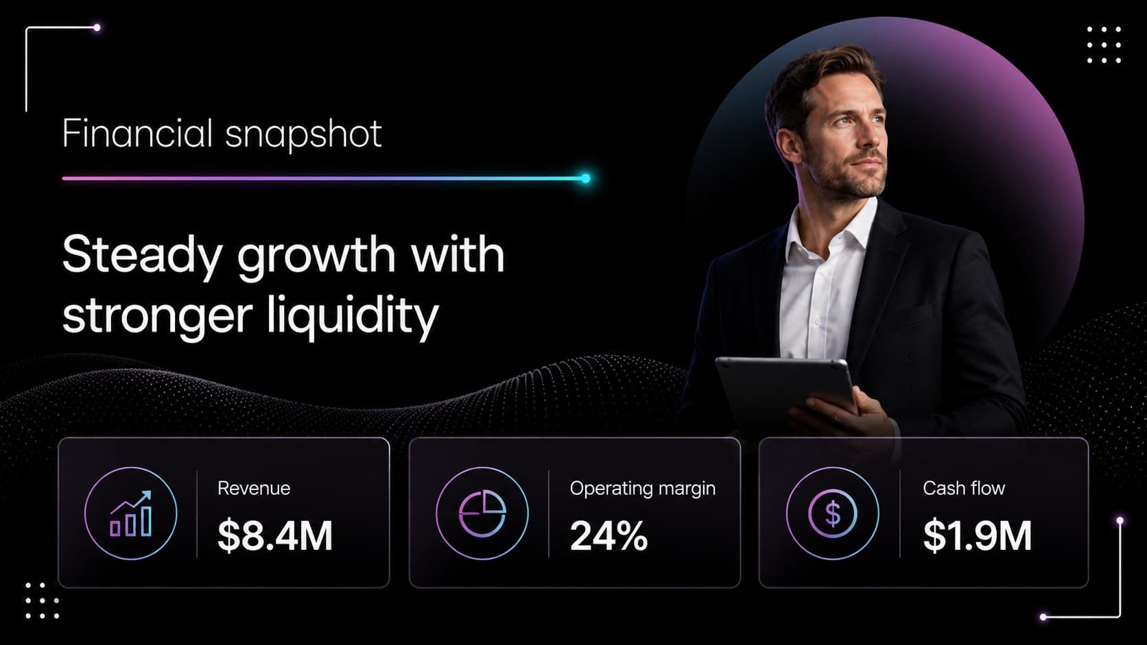 Financial snapshot slide showing revenue, margin, and cash flow metrics.