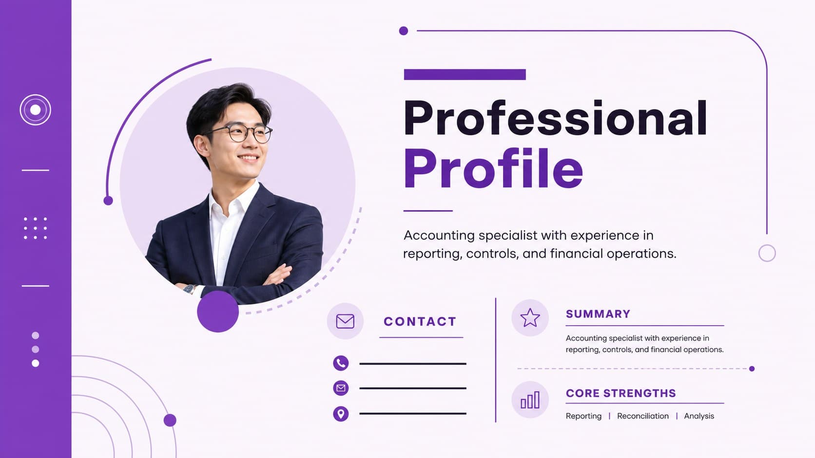 Minimal purple resume slide showing an accounting candidate profile, contact details, and professional summary.