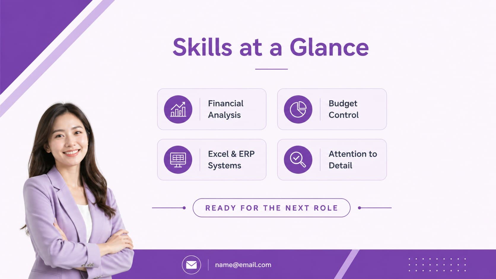 Clean purple closing resume slide highlighting accounting skills, software knowledge, and application contact information.