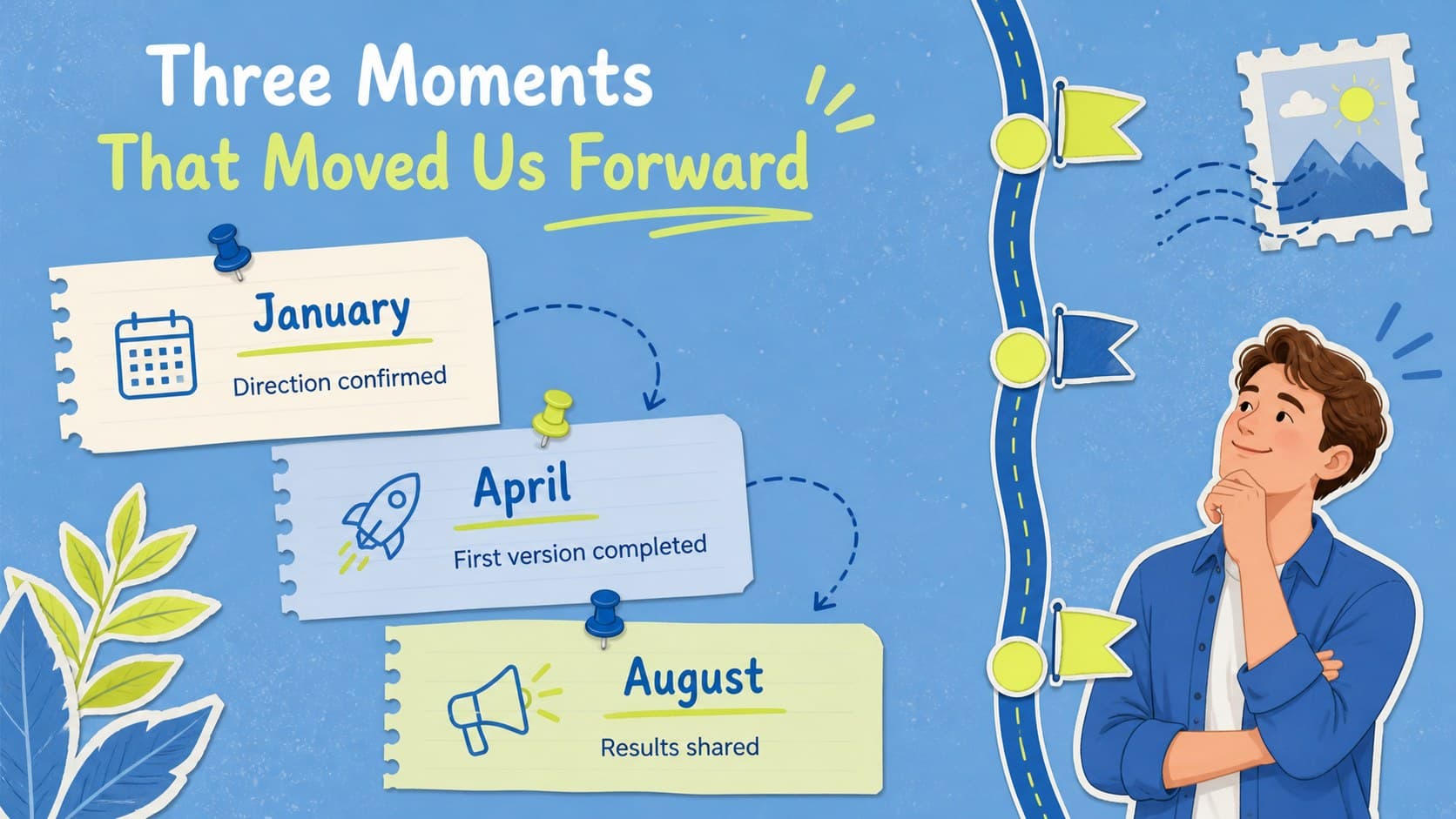 Achievement roadmap slides layout with three dated milestones and concise progress notes.