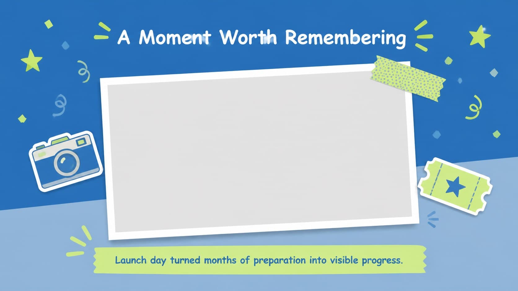 Photo-focused achievement roadmap slide celebrating a successful launch moment.