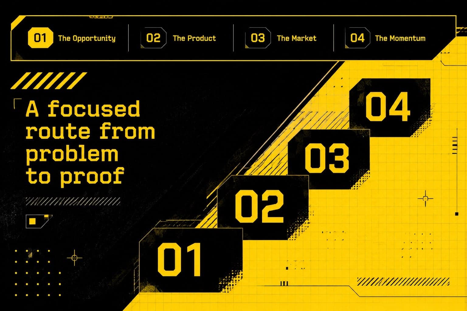 Agenda slide outlining the narrative structure of an artificial intelligence startup presentation.