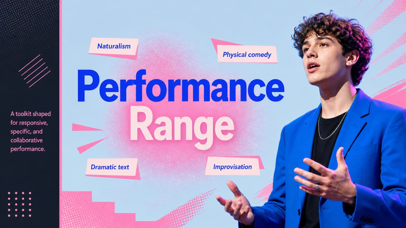 Casting audition slide showing selected performance strengths in an energetic black and blue layout.