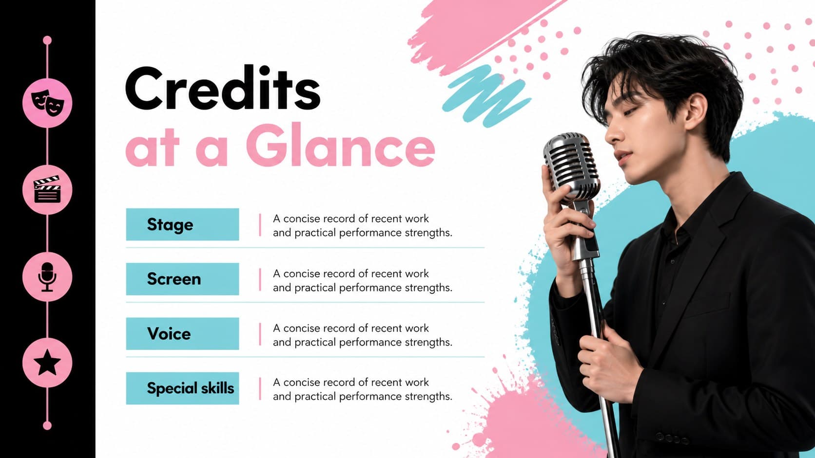 Acting resume slide organizing credits, skills, and production experience for a performer.