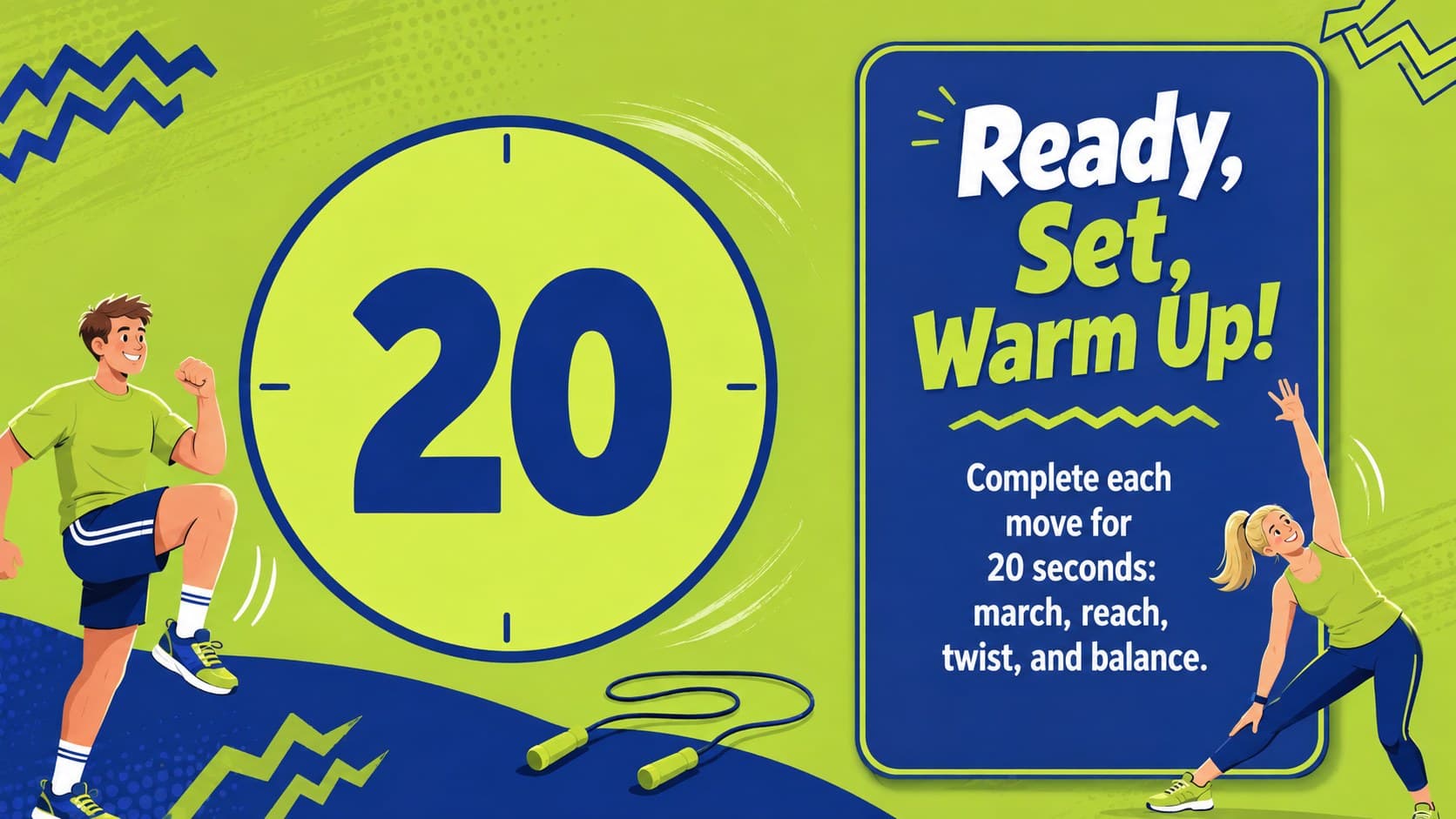 Illustrated PE warm-up challenge slide featuring movement prompts and a classroom countdown.