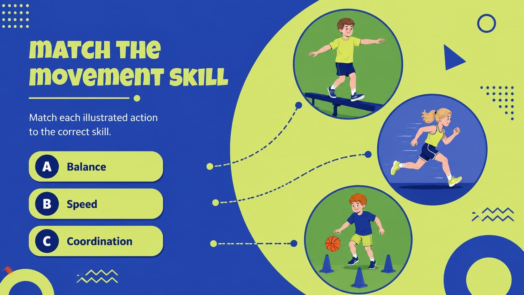 Movement skills classroom presentation slide matching actions with balance, speed, and coordination.
