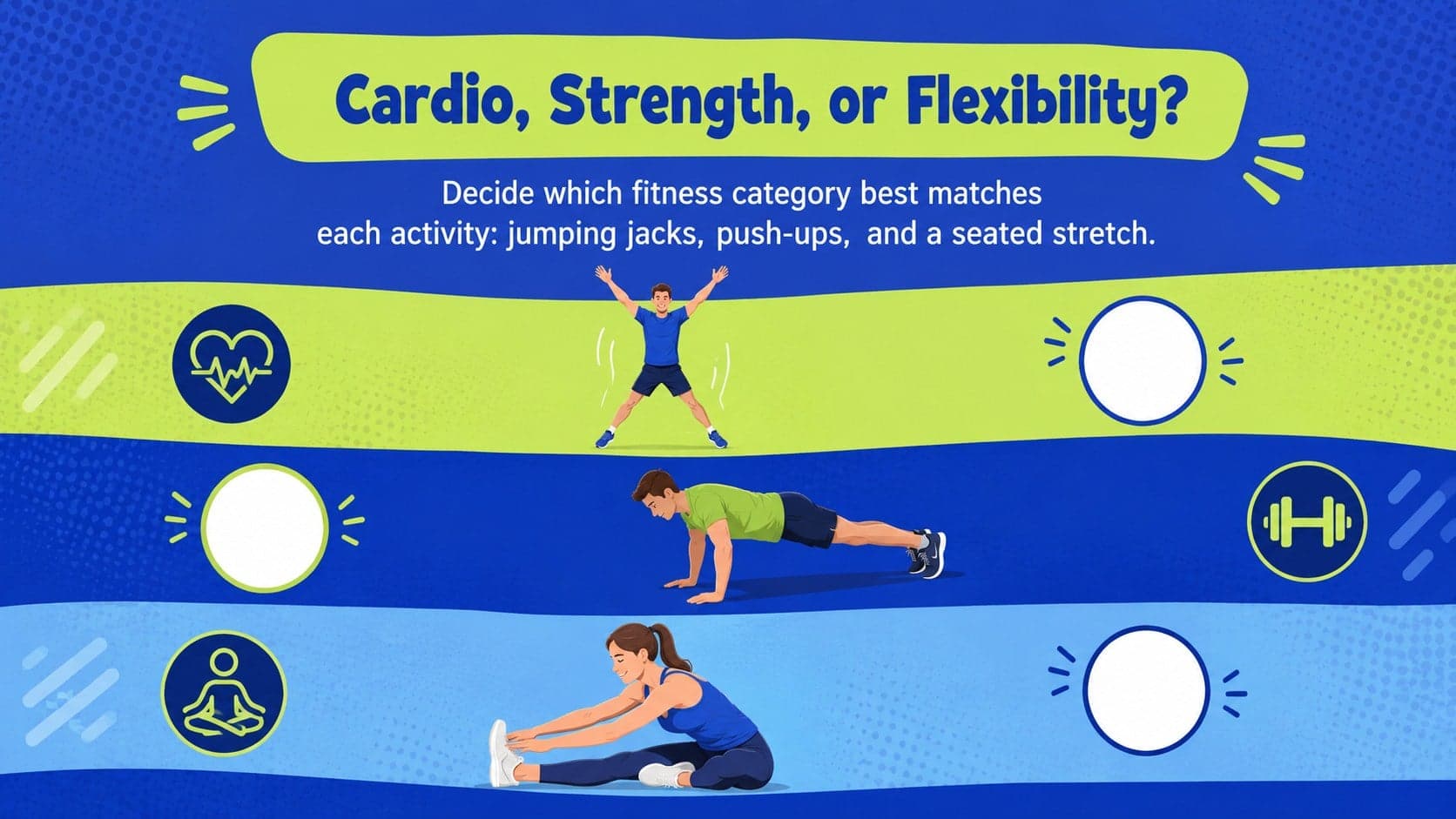 Interactive physical education quiz comparing cardio, strength, and flexibility exercises.