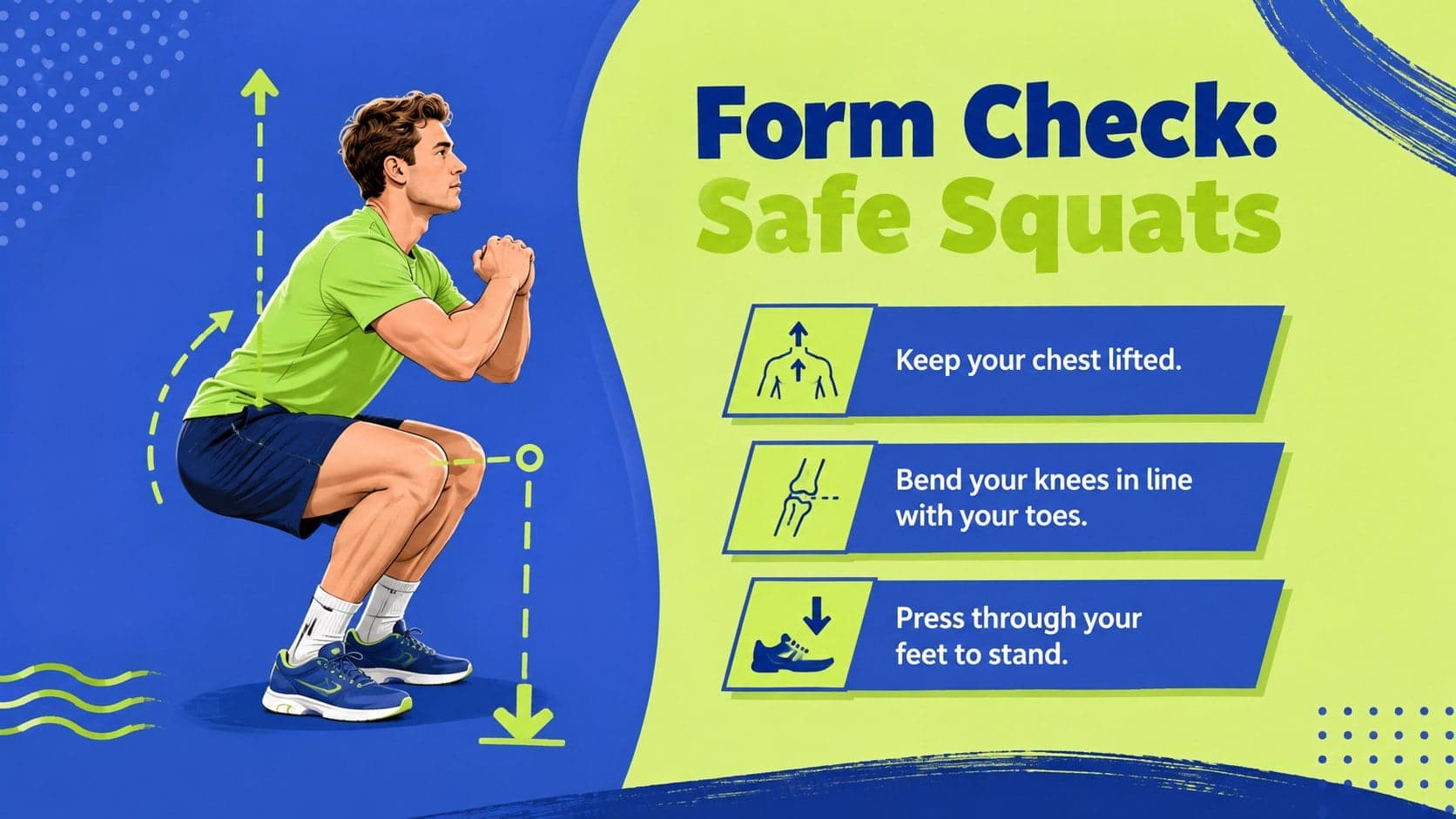 Illustrated exercise form check slide showing safe squat posture for a PE lesson.