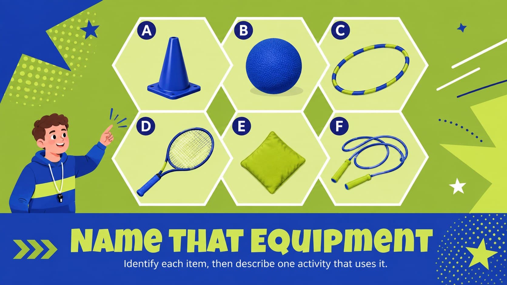 PE equipment identification game with illustrated cones, balls, hoops, and rackets.