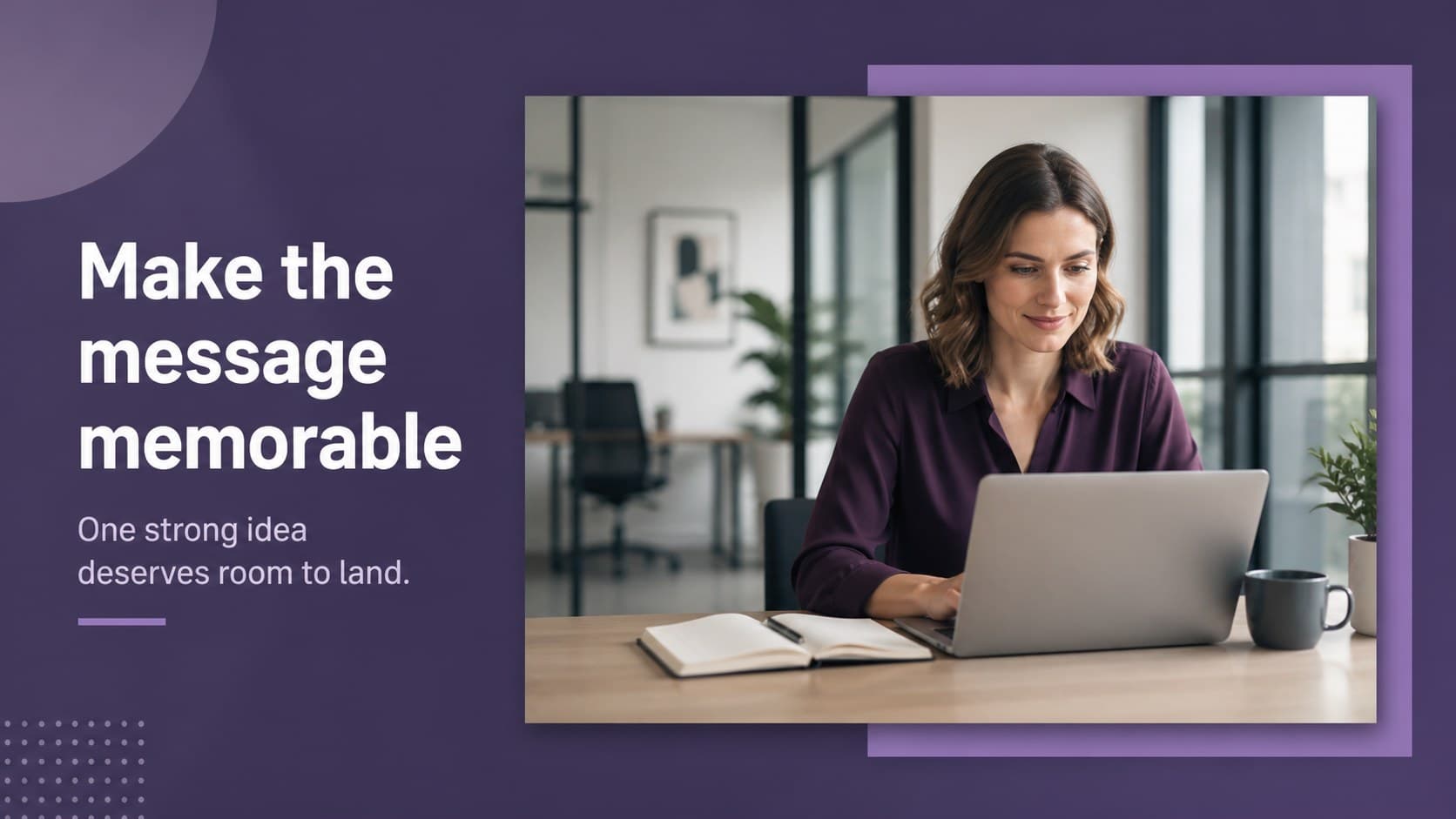 Image-led statement slide for a minimal presentation with editable icons.