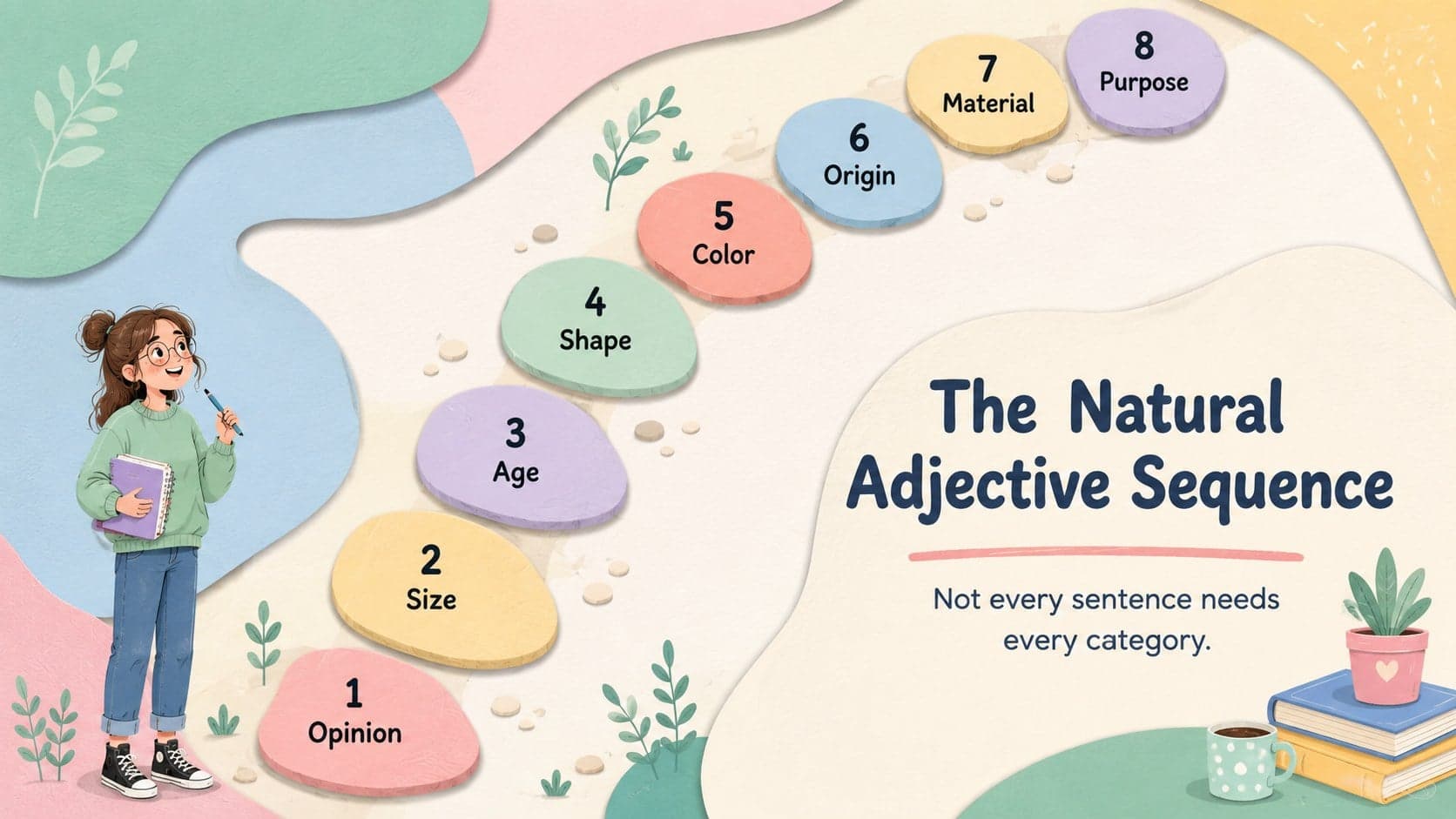English adjective order exercises slide presenting opinion, size, age, shape, color, origin, material, and purpose.