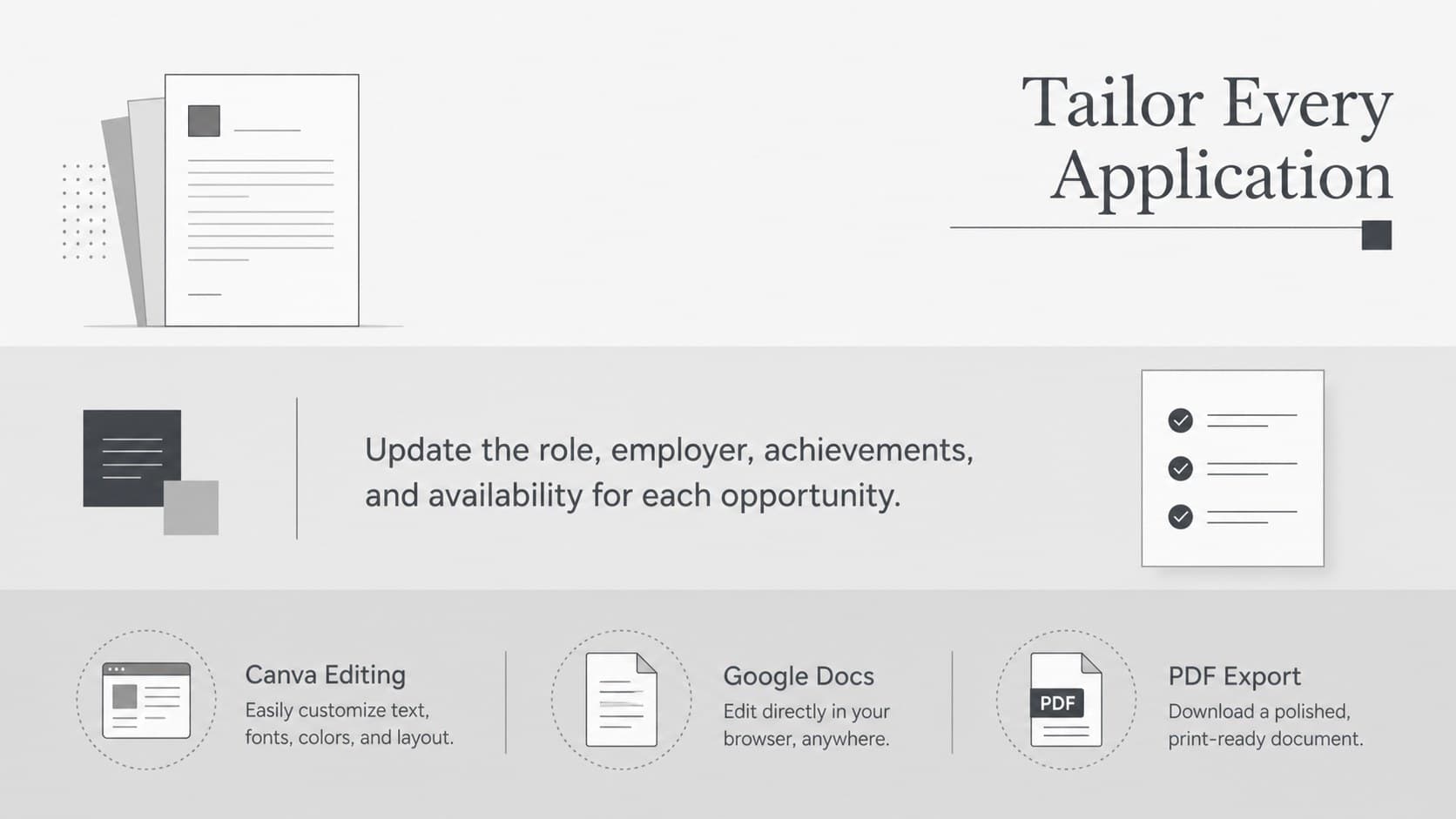 Grey-and-white job application slide presenting customizable content areas for office support candidates.