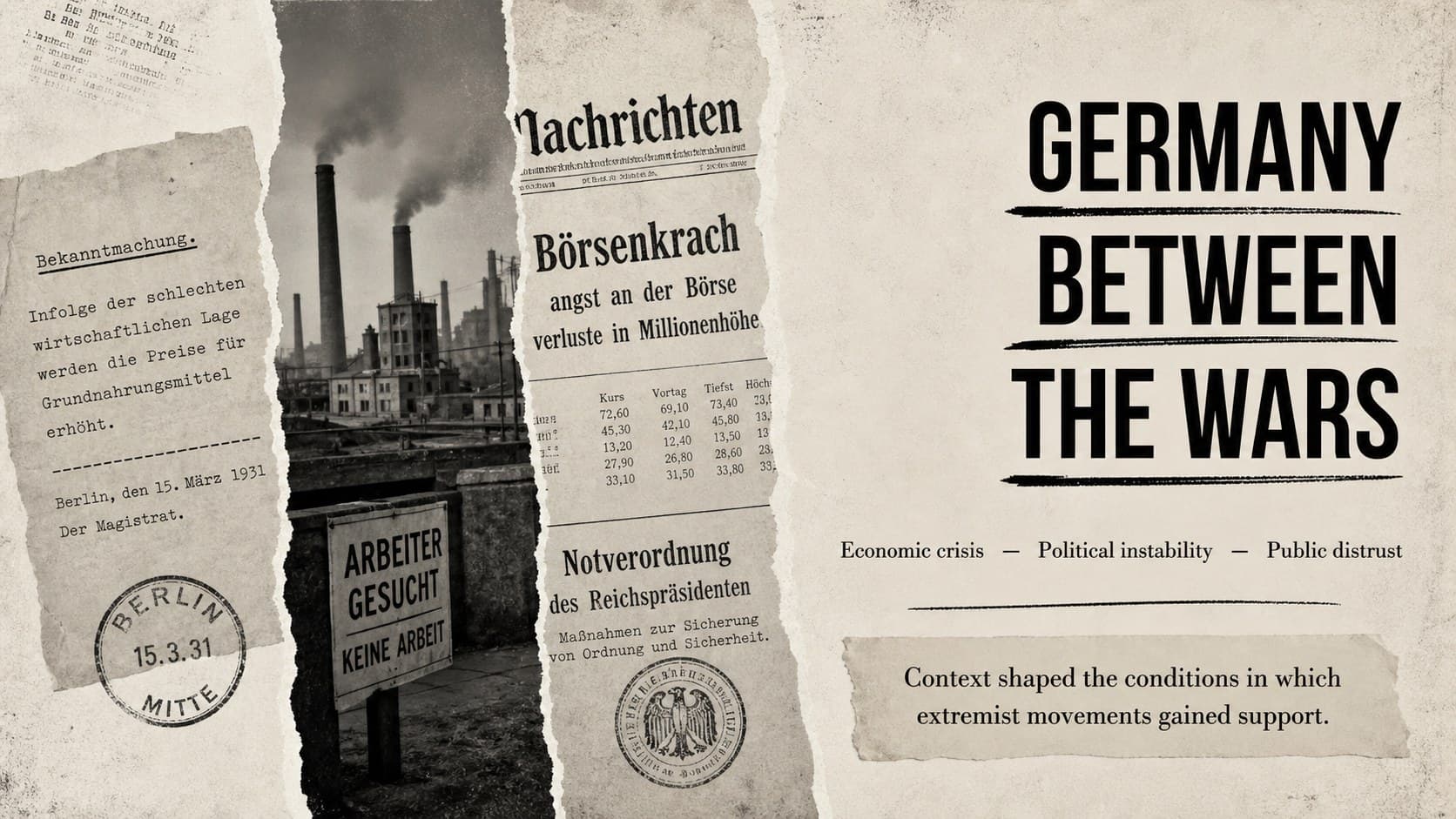 Interwar Germany context slide showing economic, political, and social factors in a historical timeline layout.