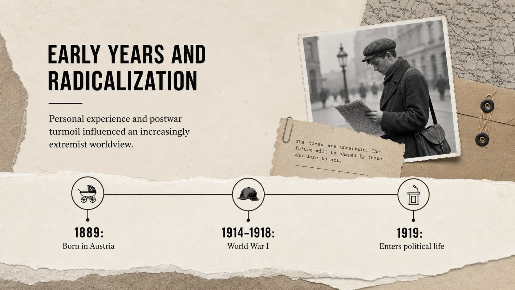 Early years history slide with an archival-style timeline of education, World War I, and political radicalization.