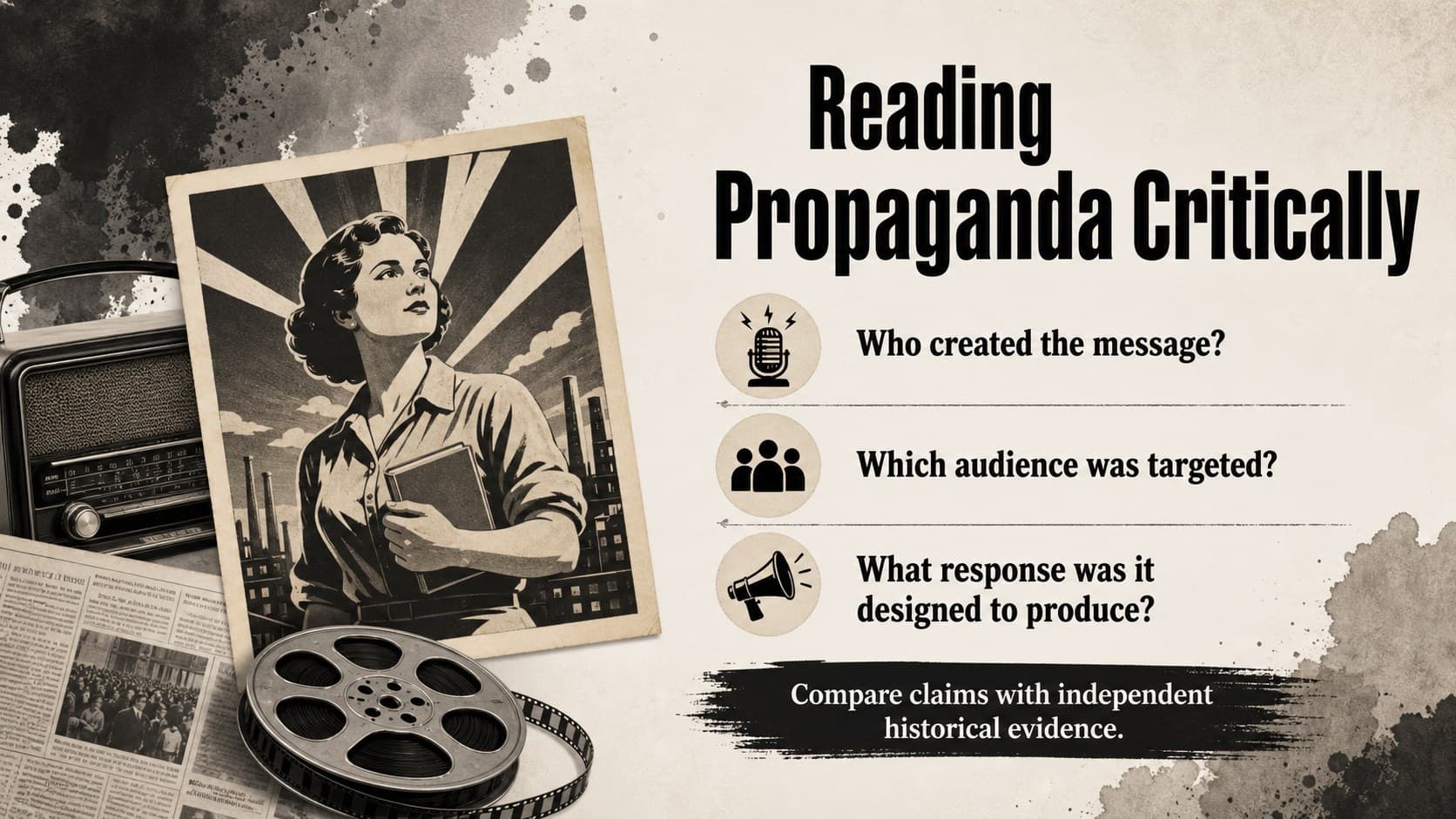 Propaganda source analysis presentation slide with prompts for evaluating message, audience, and historical purpose.