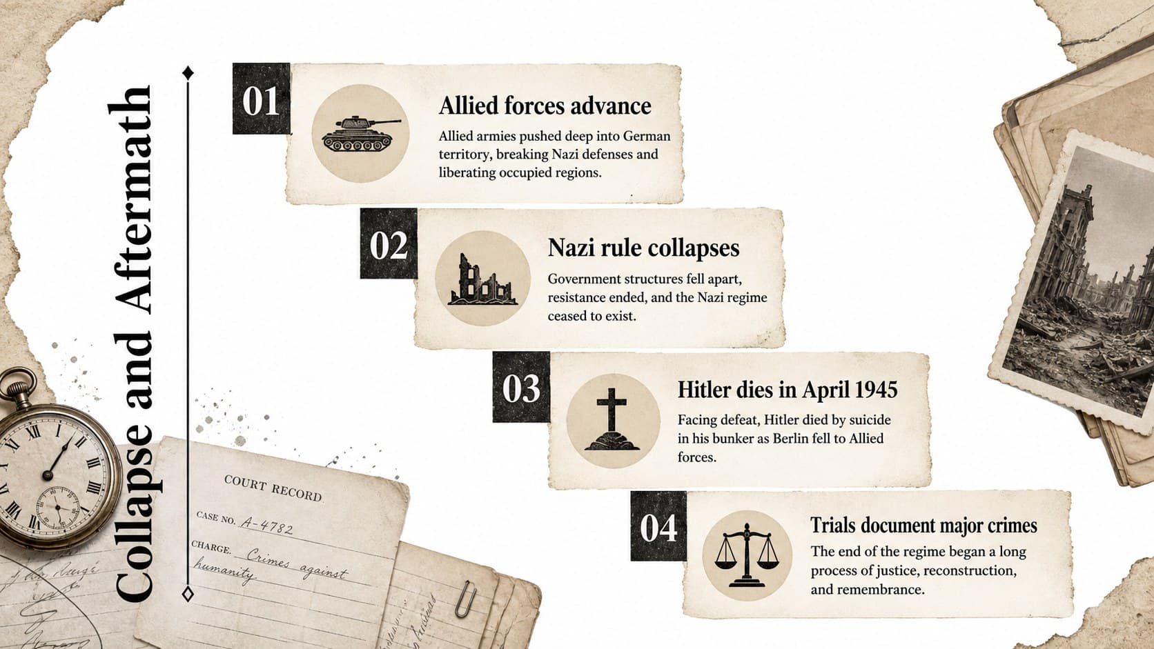 Fall of Nazi Germany slide summarizing military collapse, Hitler's death, liberation, and postwar trials.