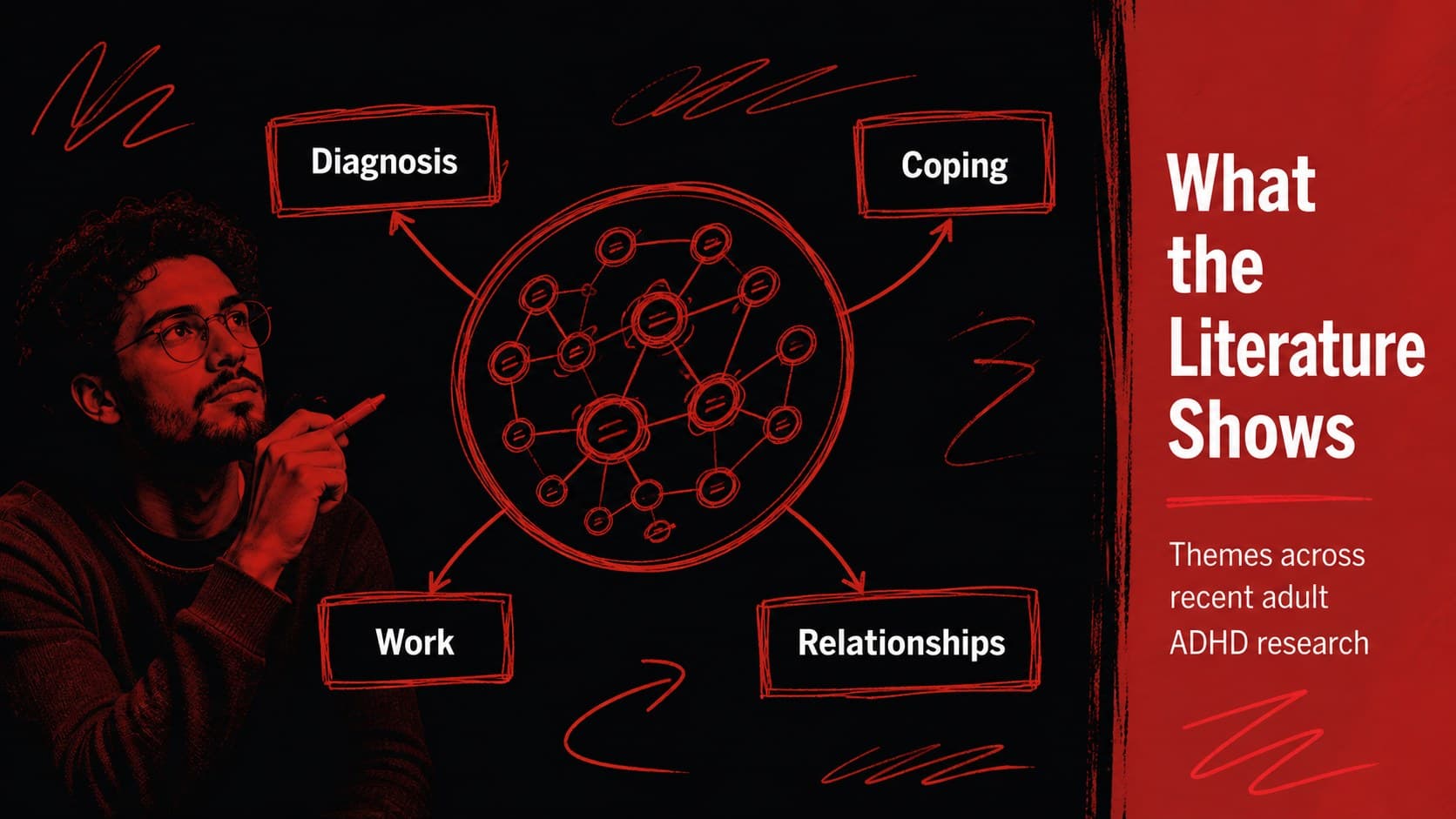 Literature review slide mapping major themes in an adult ADHD psychology dissertation defense.