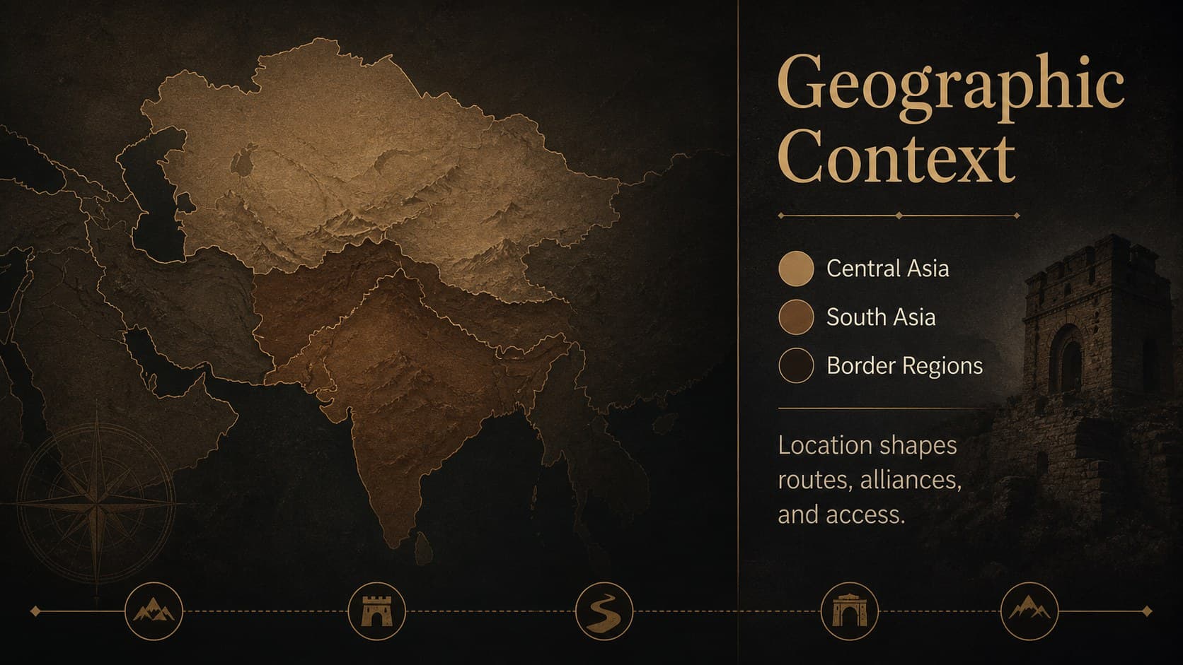 Geographic context slide for an Afghanistan conflict timeline lesson with a simplified map area and regional labels.