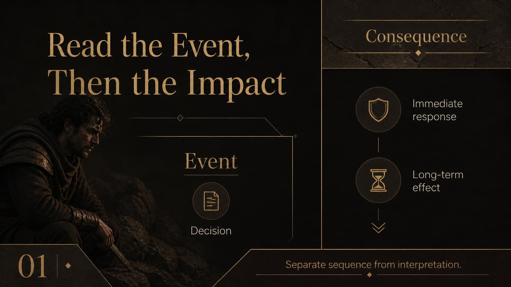 Key events analysis slide with a two-column comparison of event, response, and consequence for classroom discussion.