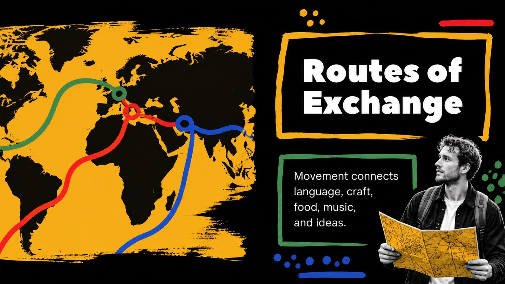 Map-based slide for an African culture school presentation highlighting movement and exchange.