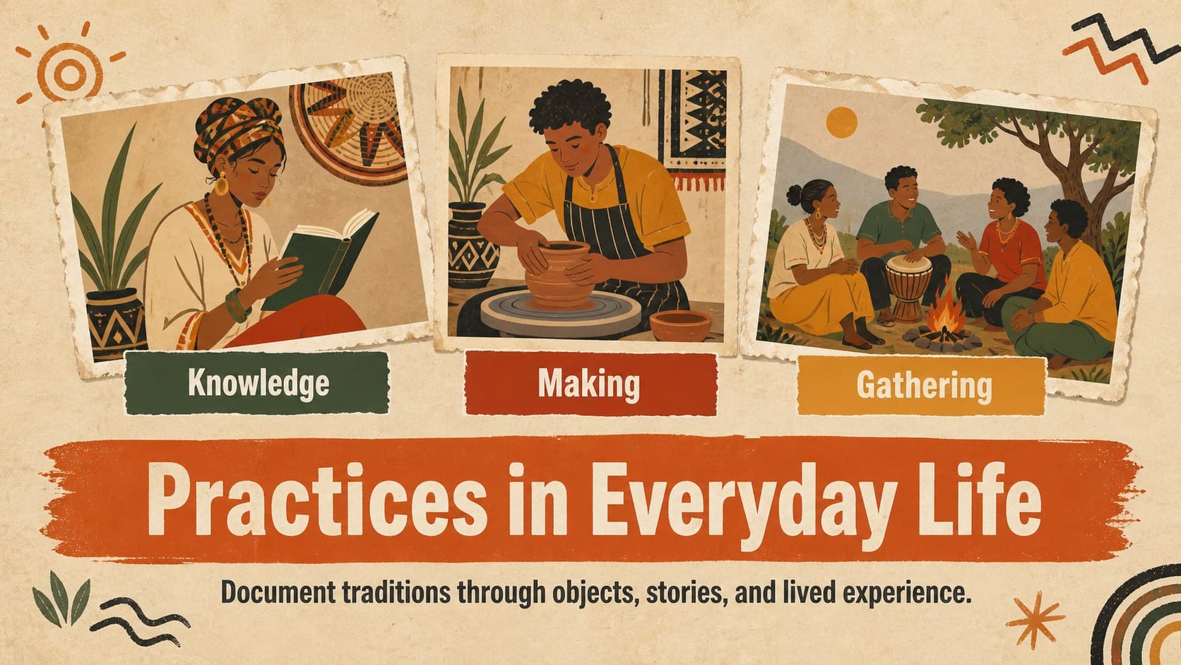 Cultural practices slide with image frames and notes for documenting community traditions and daily life.
