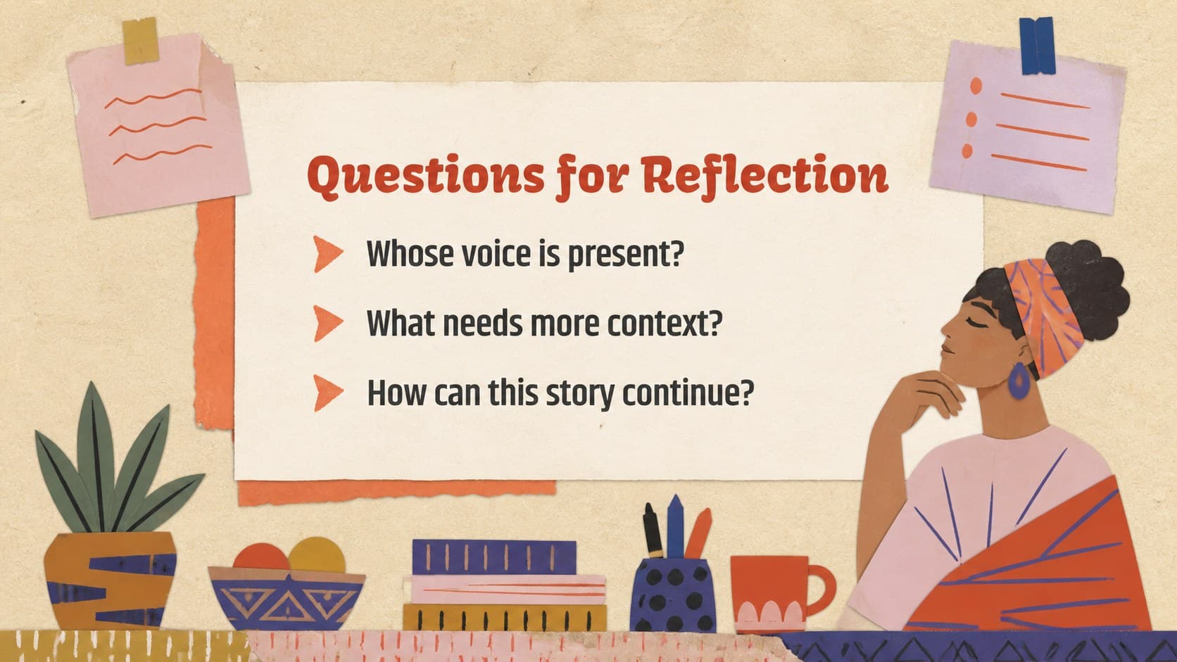 Reflection slide inviting discussion about respectful representation and the future of cultural heritage research.