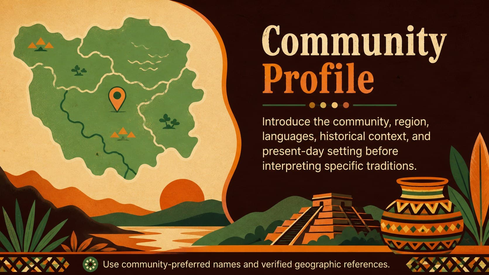 Community profile slide combining a regional map, cultural context, and research source notes.