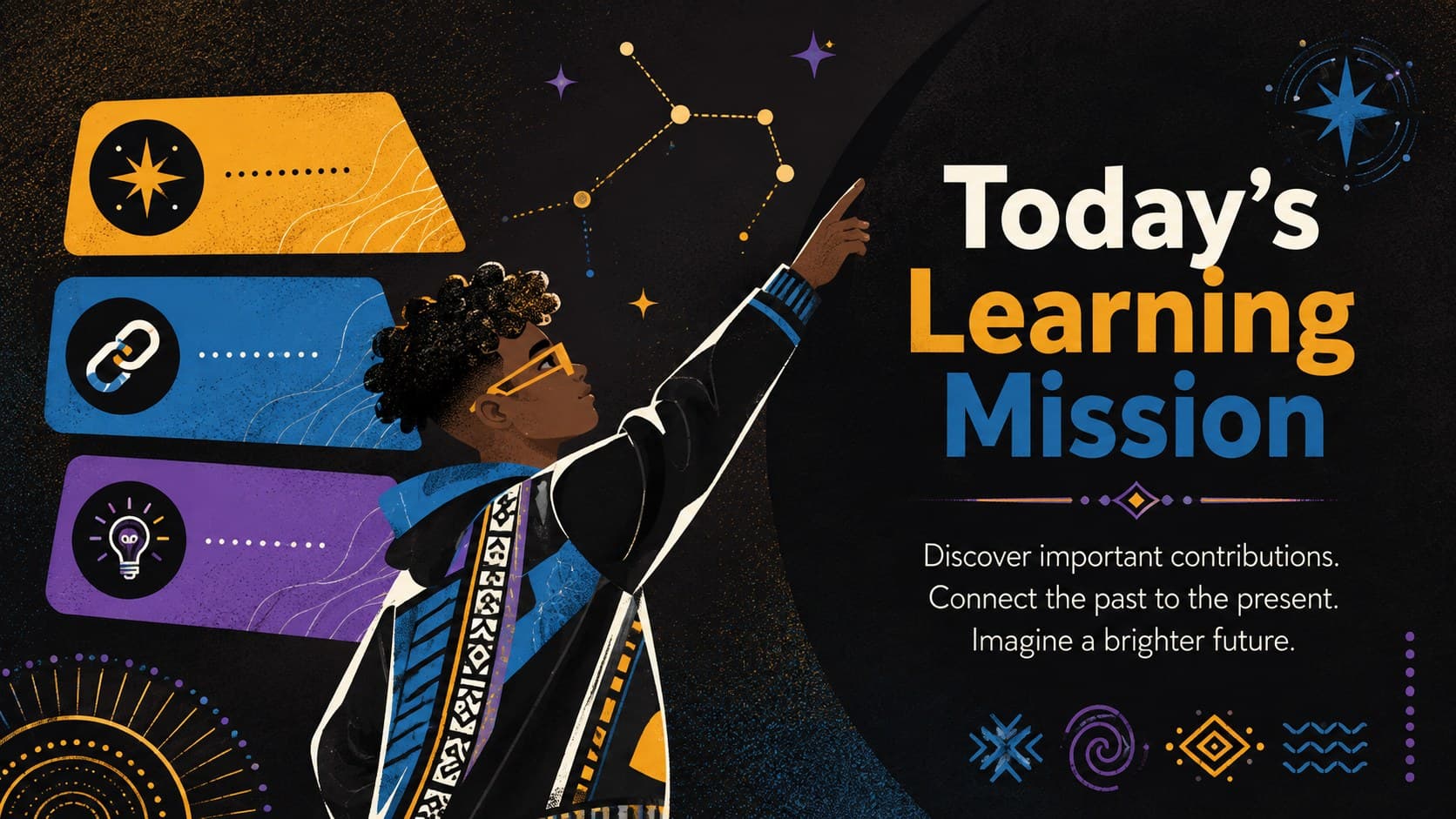 Elementary Black heritage lesson slide presenting learning goals beside colorful futuristic symbols.