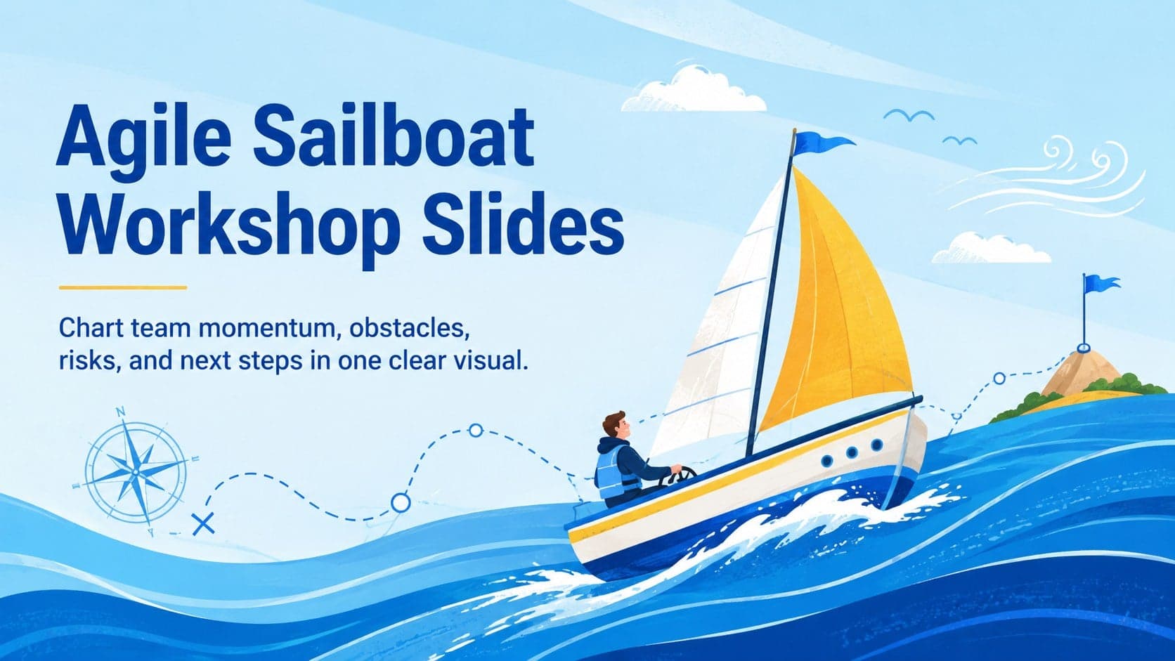 Cover for Agile Sailboat Workshop Slides with a colorful boat, rolling blue waves, and a distant team destination.