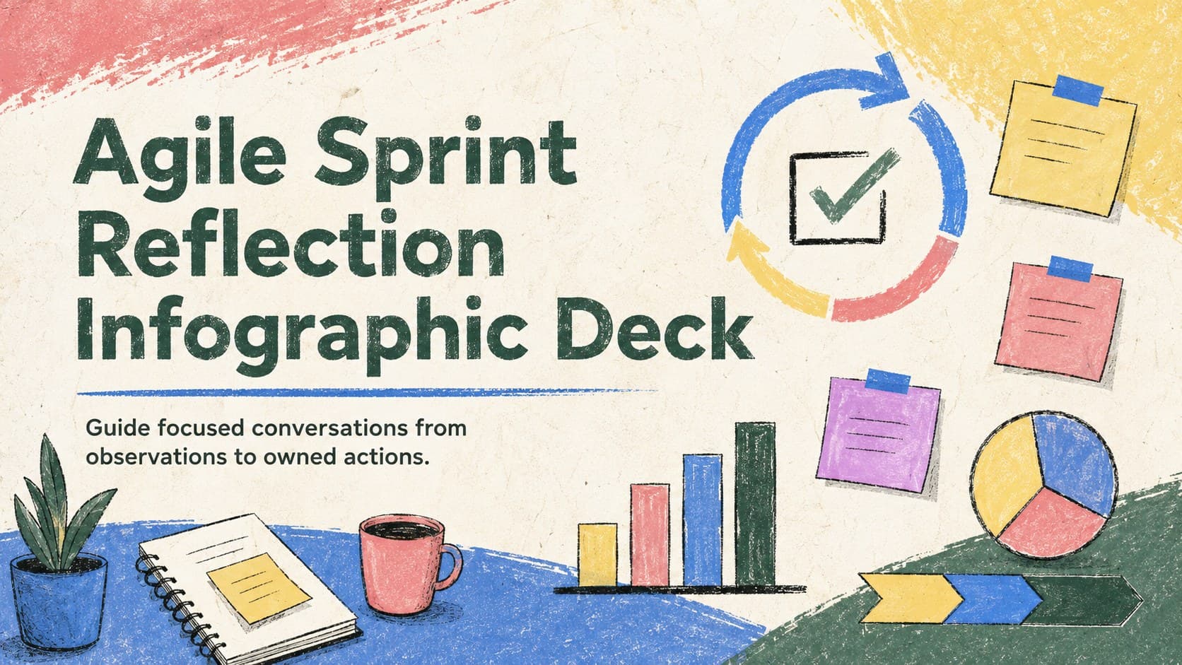 Colorful cover for an agile sprint reflection infographic deck with illustrated workshop notes and hand-drawn accents.