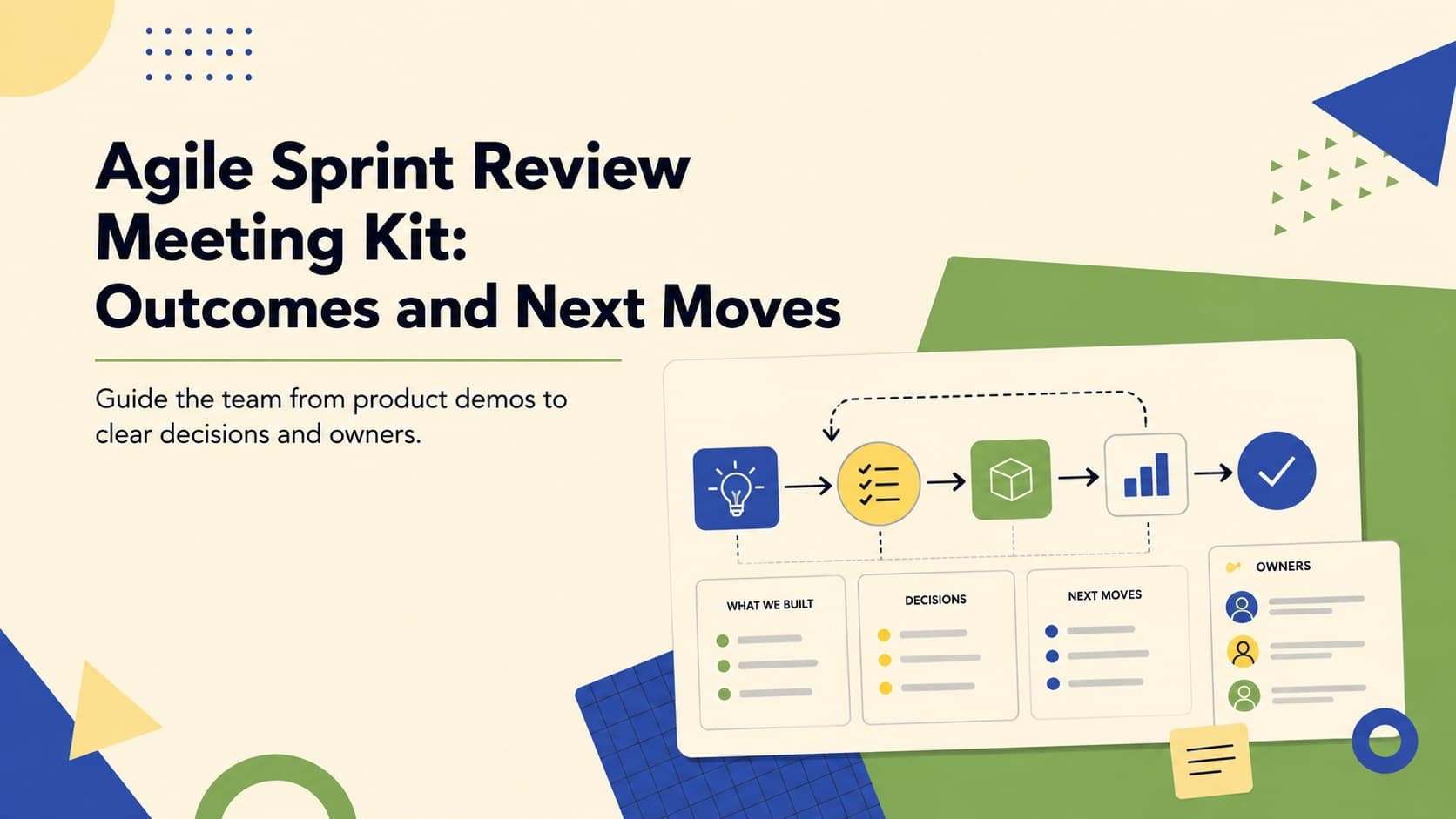 Cover of the Agile Sprint Review Meeting Kit with colorful minimalist illustrations in beige, yellow, green, and blue.