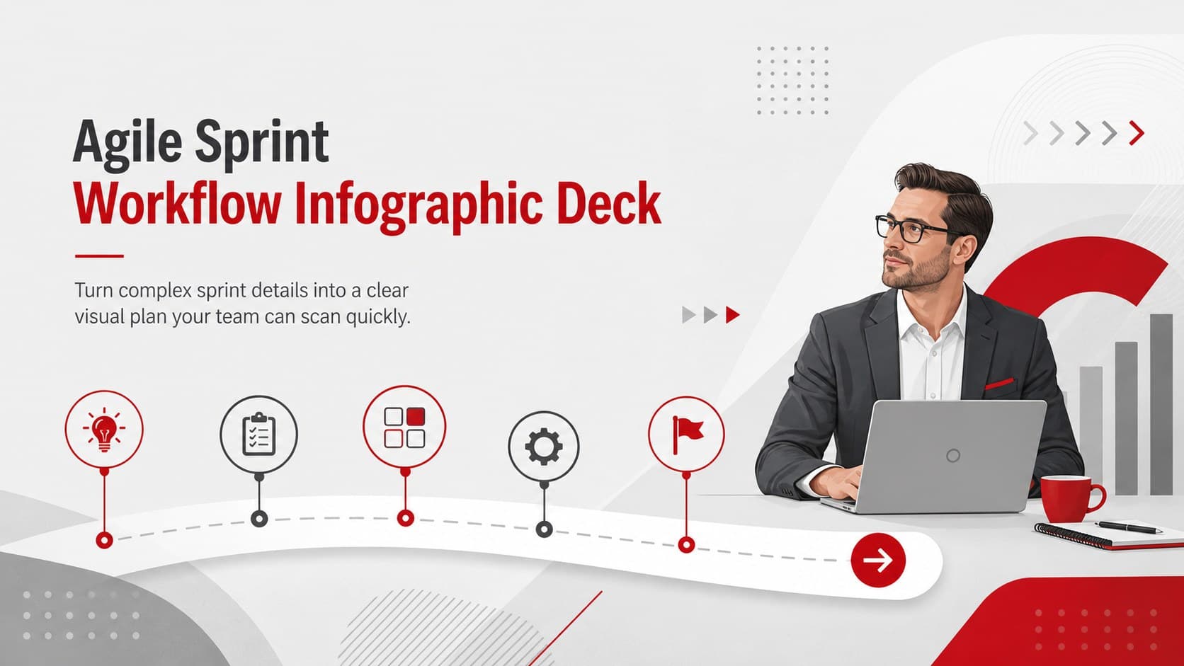 Cover of the Agile Sprint Workflow Infographic Deck with a modern gray background, red accents, and an original project workflow illustration.