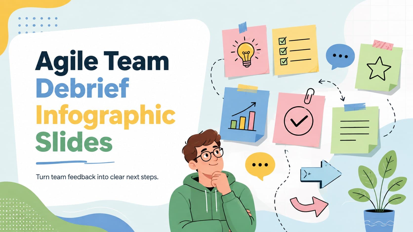 Cover for Agile Team Debrief Infographic Slides with colorful illustrated notes and project feedback symbols.